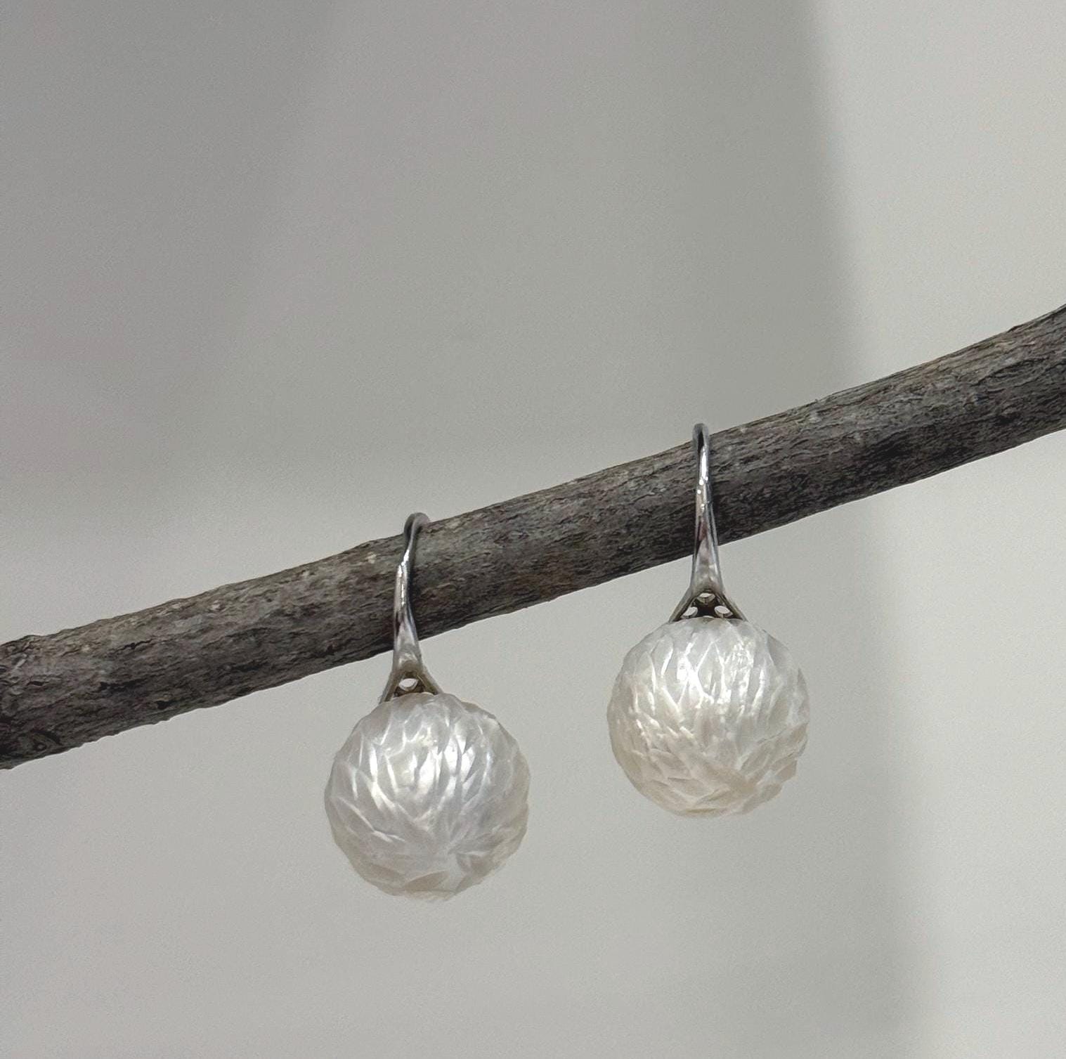 Elly’s 12mm Australian ocean White Carved Pearls Earrings High heel Hooks: Extreme luster Mirrored, S925 silver minimalist earrings.