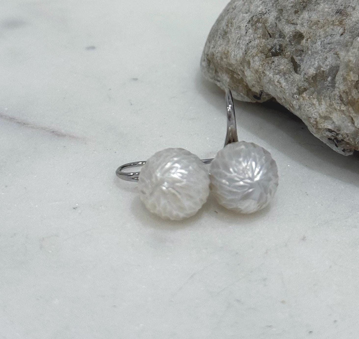 Elly’s 12mm Australian ocean White Carved Pearls Earrings High heel Hooks: Extreme luster Mirrored, S925 silver minimalist earrings. gift for her
