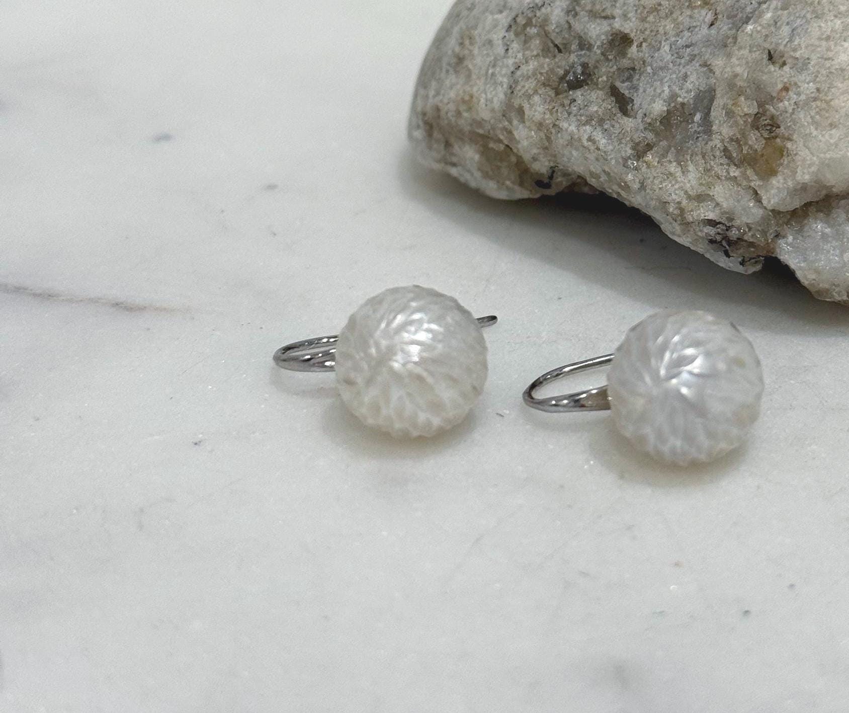 Elly’s 12mm Australian ocean White Carved Pearls Earrings High heel Hooks: Extreme luster Mirrored, S925 silver minimalist earrings. gift for her
