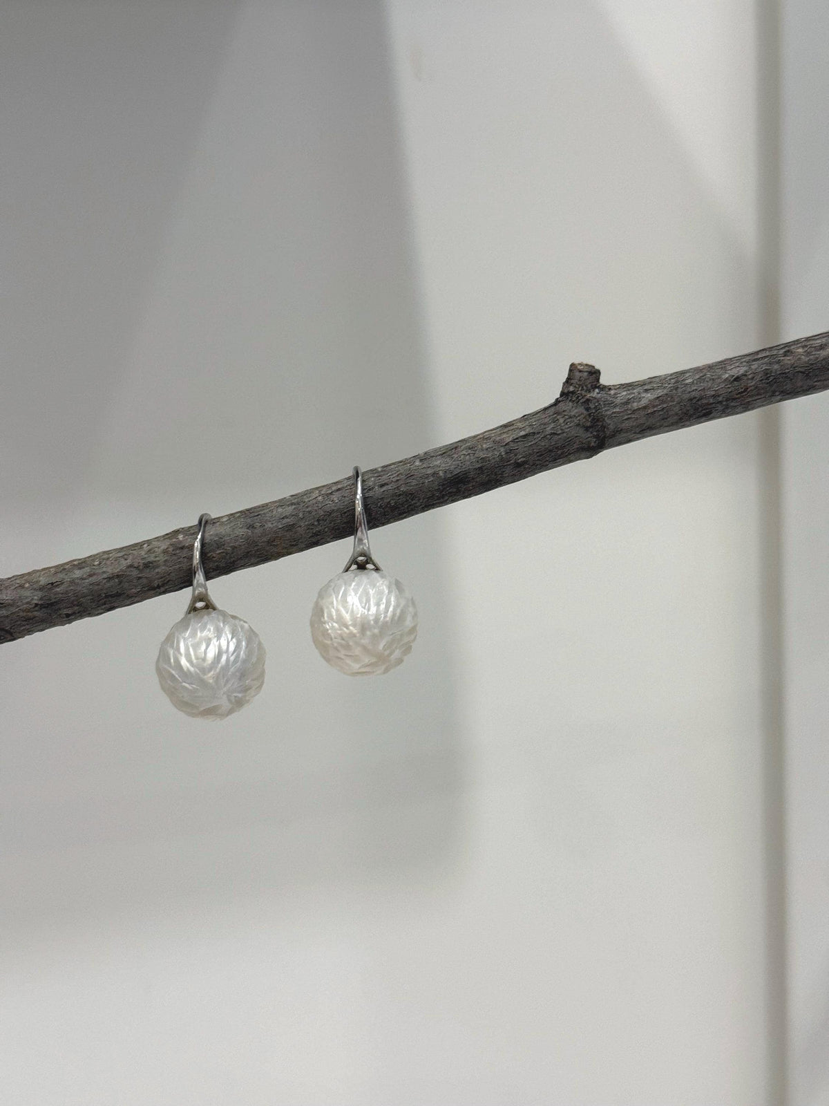 Elly’s 12mm Australian ocean White Carved Pearls Earrings High heel Hooks: Extreme luster Mirrored, S925 silver minimalist earrings. gift for her  daily wear