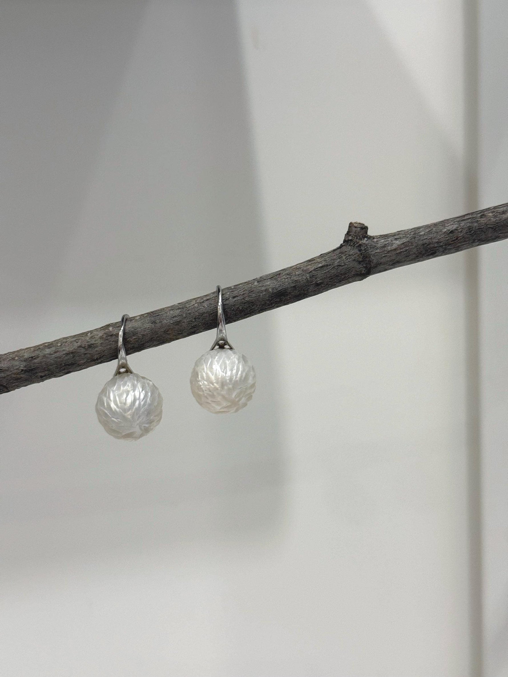 Elly’s 12mm Australian ocean White Carved Pearls Earrings High heel Hooks: Extreme luster Mirrored, S925 silver minimalist earrings. gift for her  daily wear