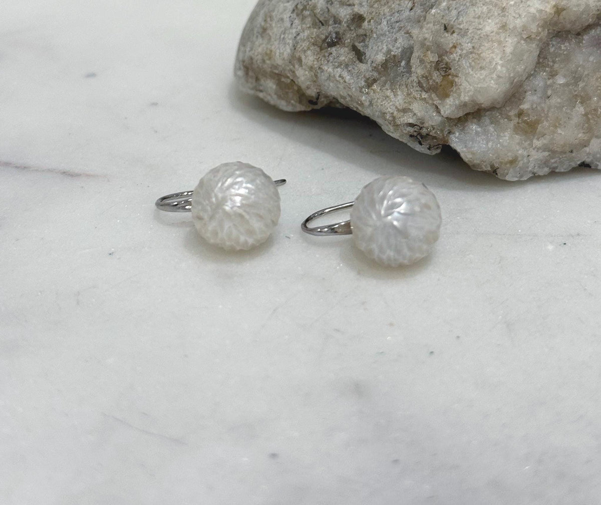 Elly’s 12mm Australian ocean White Carved Pearls Earrings High heel Hooks: Extreme luster Mirrored, S925 silver minimalist earrings. gift for her holiday