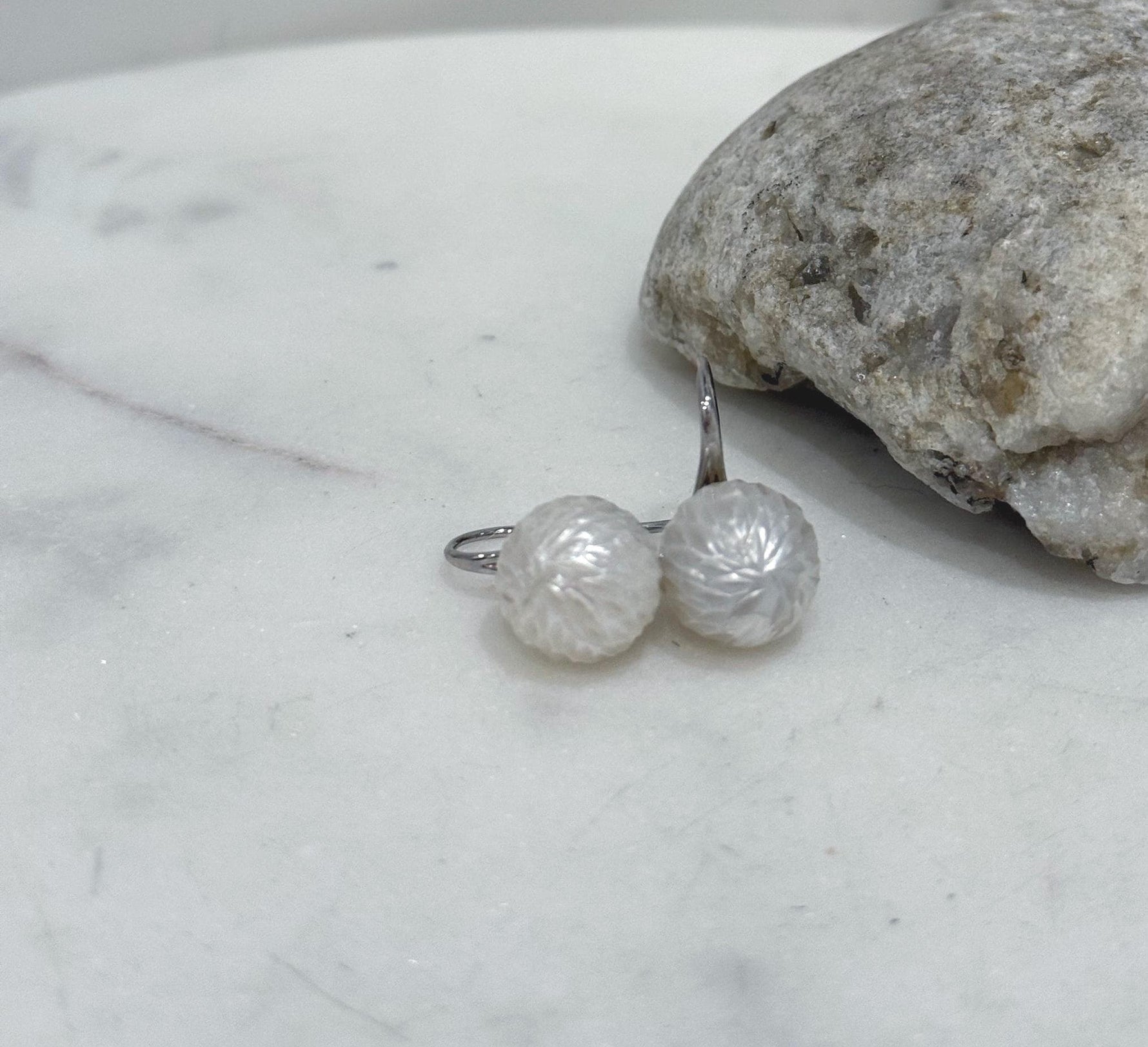 Elly’s 12mm Australian ocean White Carved Pearls Earrings High heel Hooks: Extreme luster Mirrored, S925 silver minimalist earrings. gift for her graduation