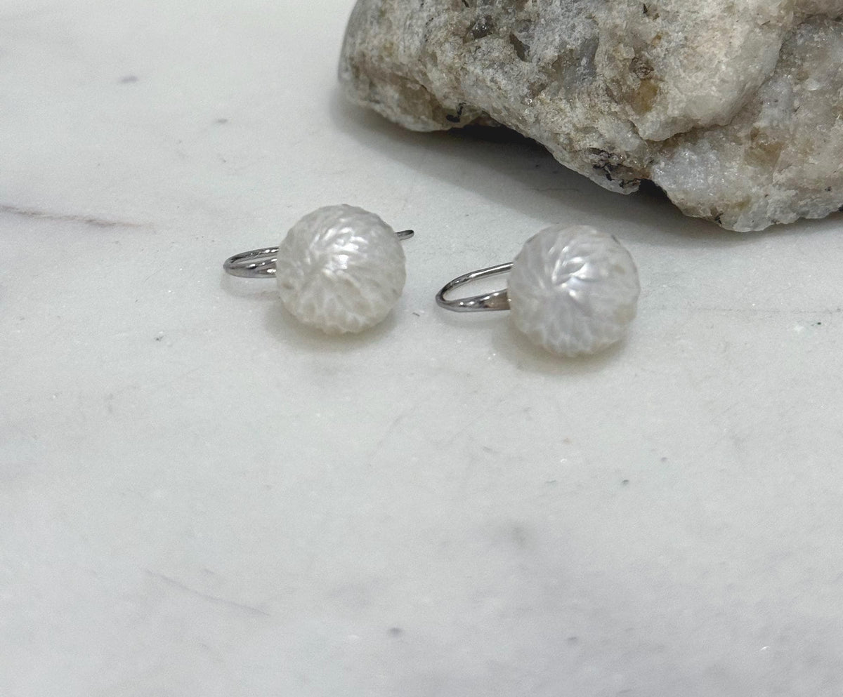Elly’s 12mm Australian ocean White Carved Pearls Earrings High heel Hooks: Extreme luster Mirrored, S925 silver minimalist earrings. gift for her