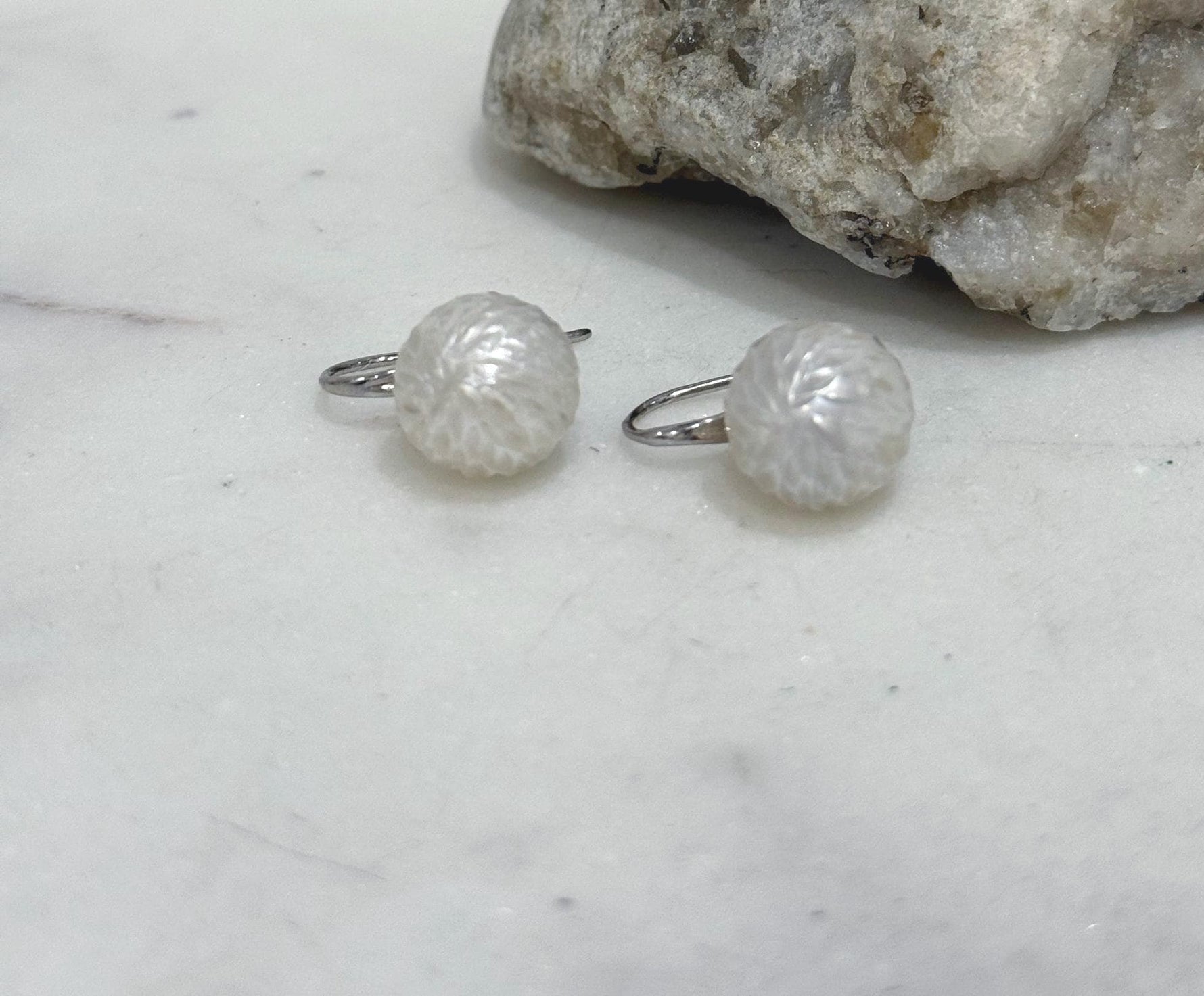 Elly’s 12mm Australian ocean White Carved Pearls Earrings High heel Hooks: Extreme luster Mirrored, S925 silver minimalist earrings. gift for her