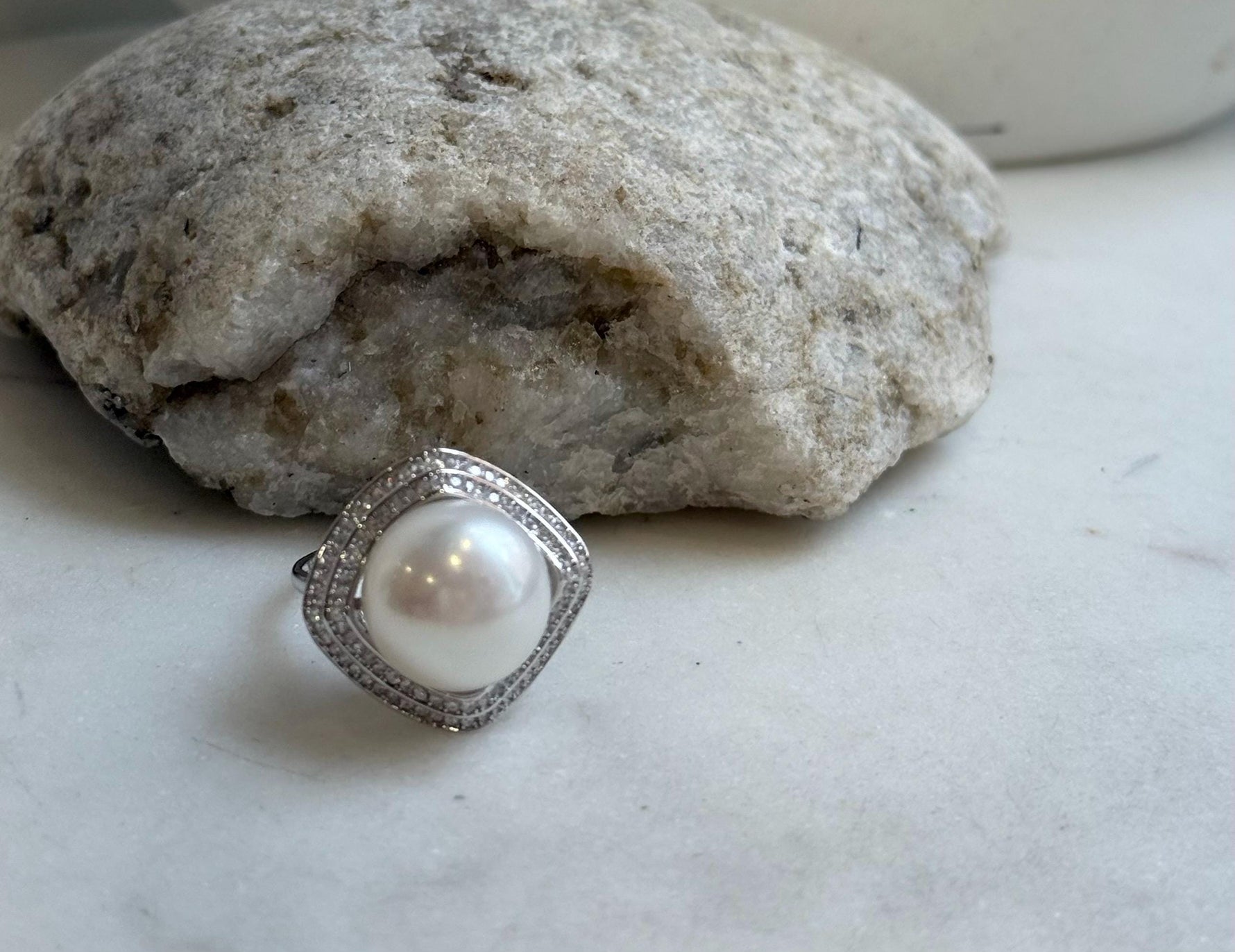 13.6mm Freshwater Edison cold white round pearl Ring:  Extreme luster mirrored, S925 silver adjustable ring. Pearl Jewelry Idea. gift for her birthday