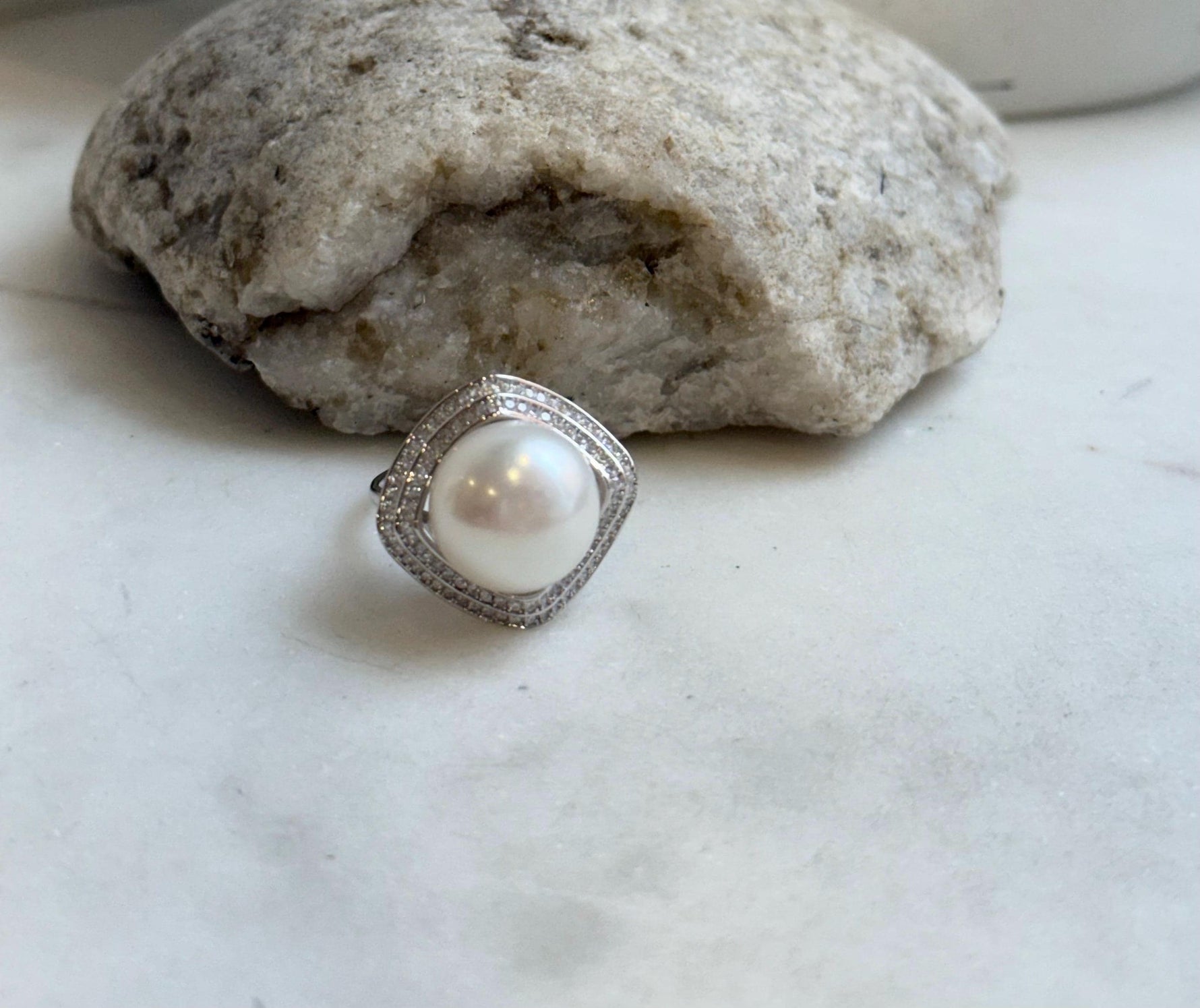 13.6mm Freshwater Edison cold white round pearl Ring:  Extreme luster mirrored, S925 silver adjustable ring. Pearl Jewelry Idea. gift for her daily wear ring
