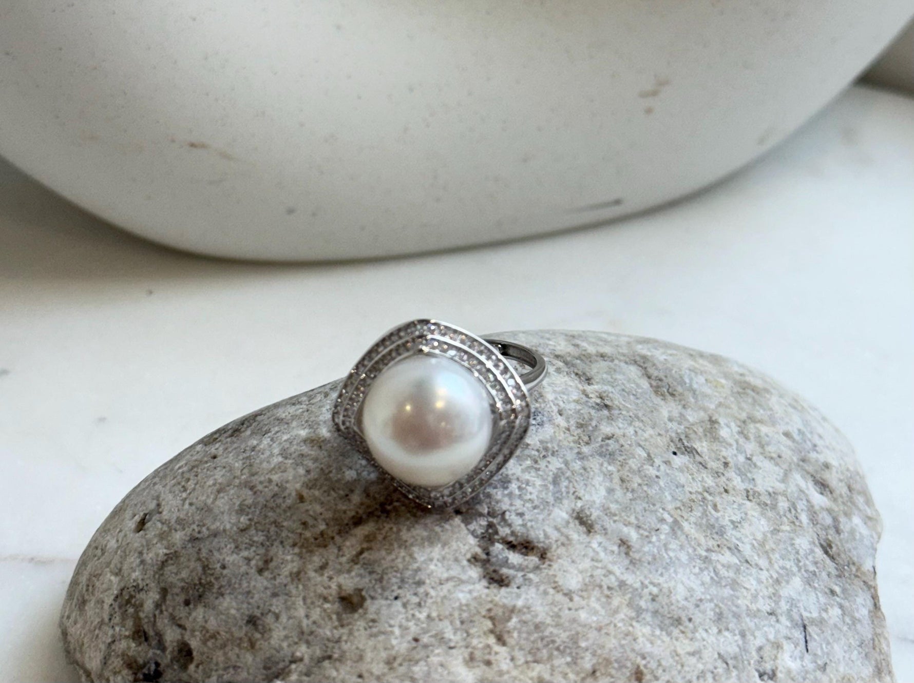 13.6mm Freshwater Edison cold white round pearl Ring:  Extreme luster mirrored, S925 silver adjustable ring. Pearl Jewelry Idea. gift for her