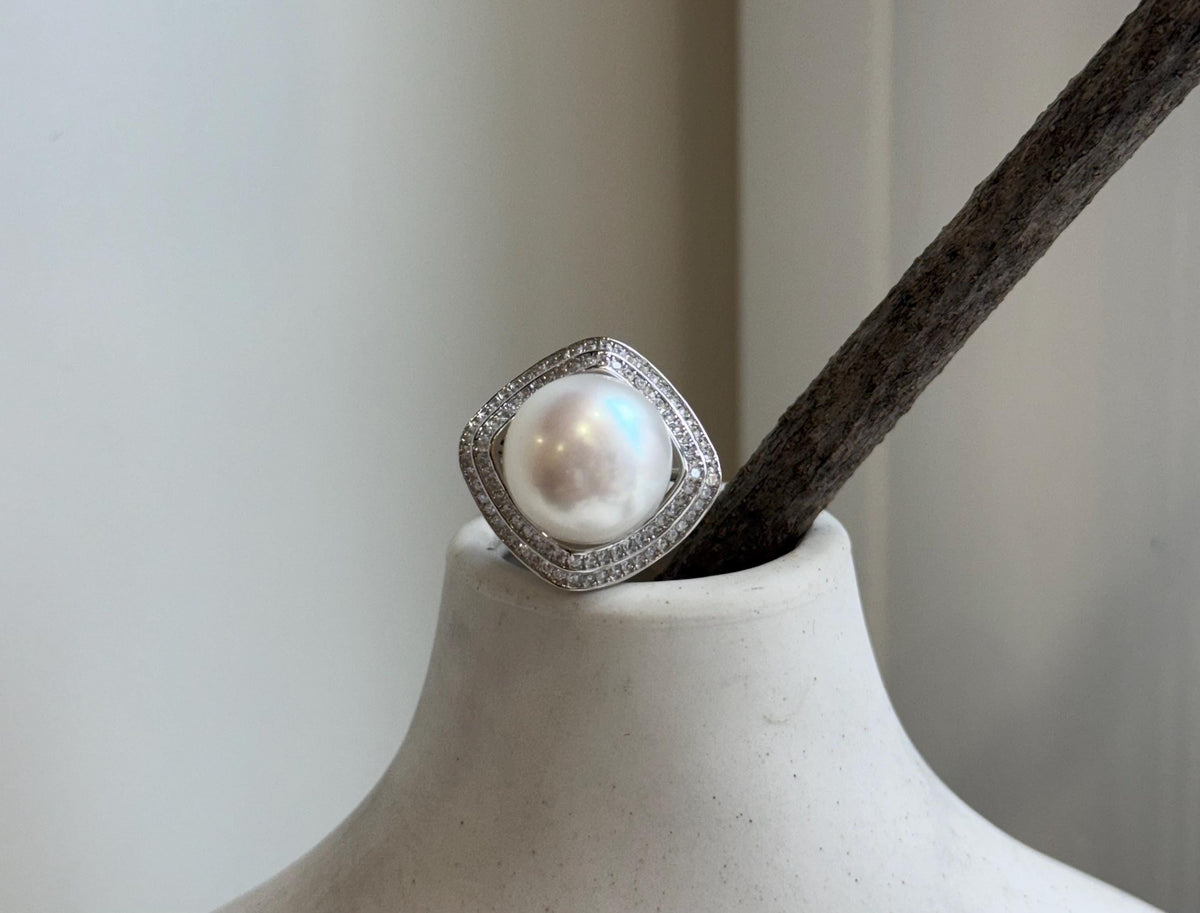 13.6mm Freshwater Edison cold white round pearl Ring:  Extreme luster mirrored, S925 silver adjustable ring. Pearl Jewelry Idea. gift for her