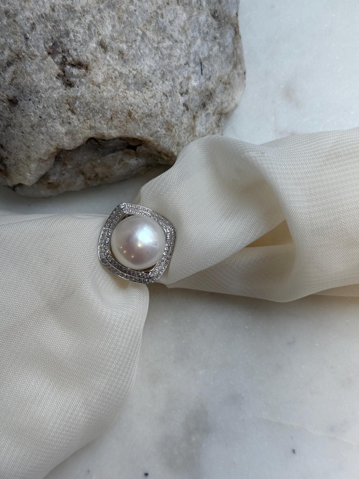 13.6mm Freshwater Edison cold white round pearl Ring:  Extreme luster mirrored, S925 silver adjustable ring. Pearl Jewelry Idea. gift for her anniversary