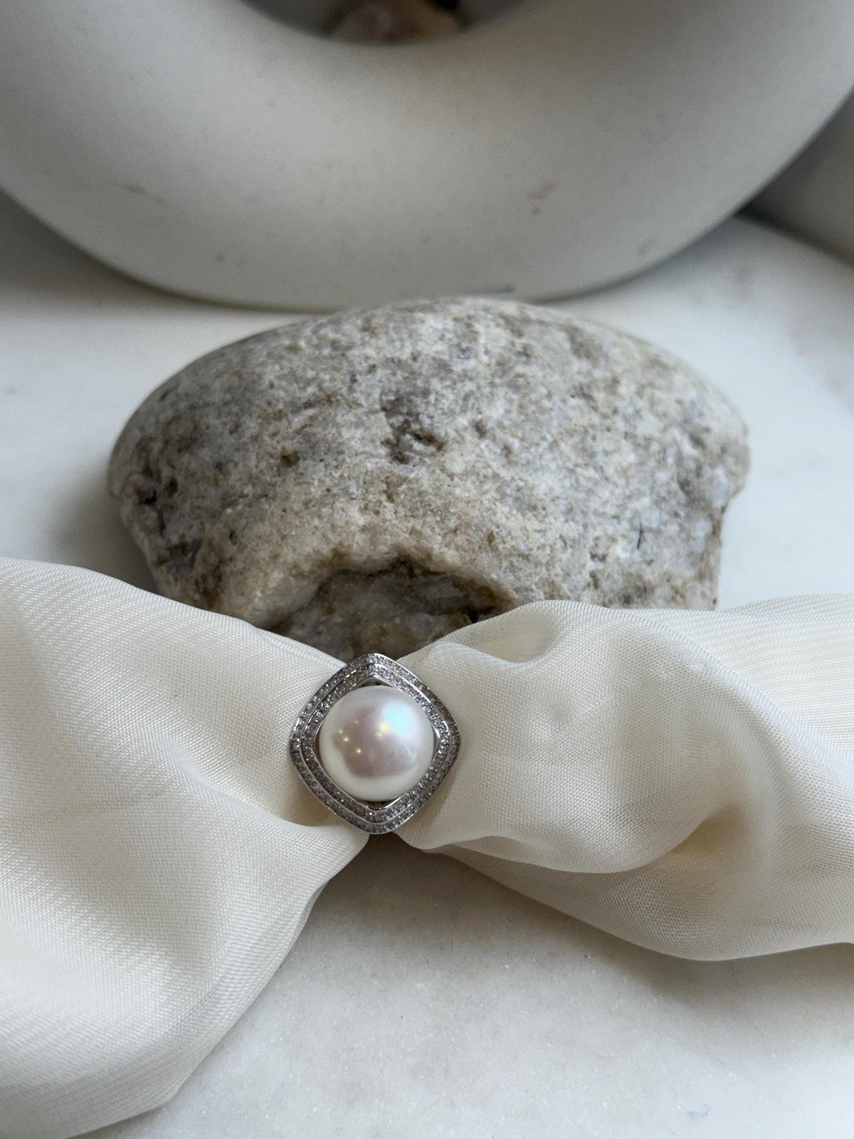 13.6mm Freshwater Edison cold white round pearl Ring:  Extreme luster mirrored, S925 silver adjustable ring. Pearl Jewelry Idea. gift for her