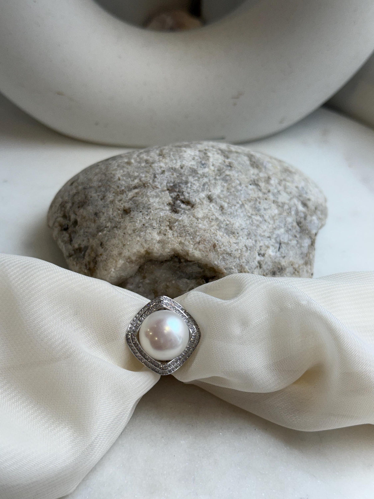 13.6mm Freshwater Edison cold white round pearl Ring:  Extreme luster mirrored, S925 silver adjustable ring. Pearl Jewelry Idea. gift for her
