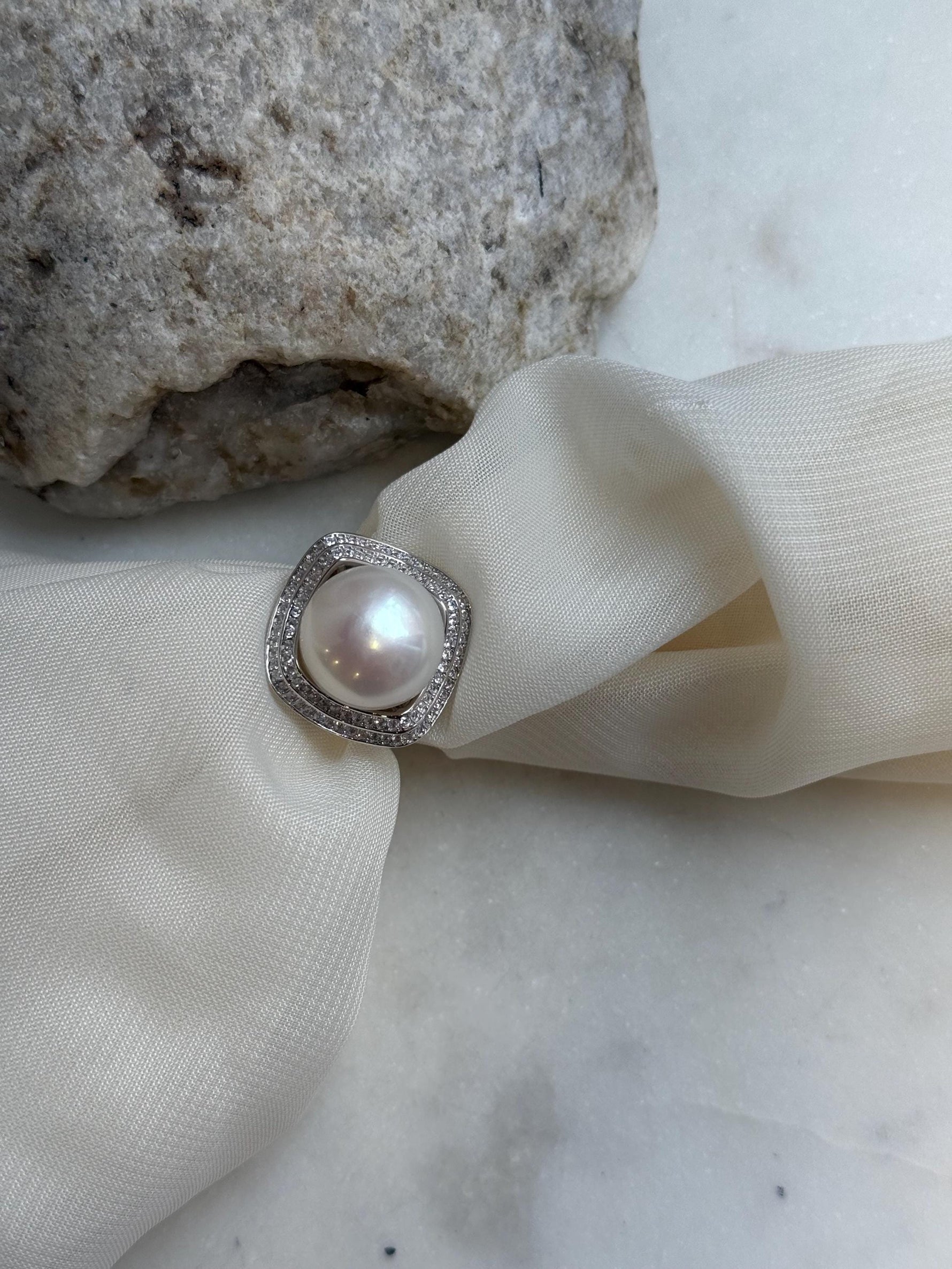 13.6mm Freshwater Edison cold white round pearl Ring:  Extreme luster mirrored, S925 silver adjustable ring. Pearl Jewelry Idea. gift for her