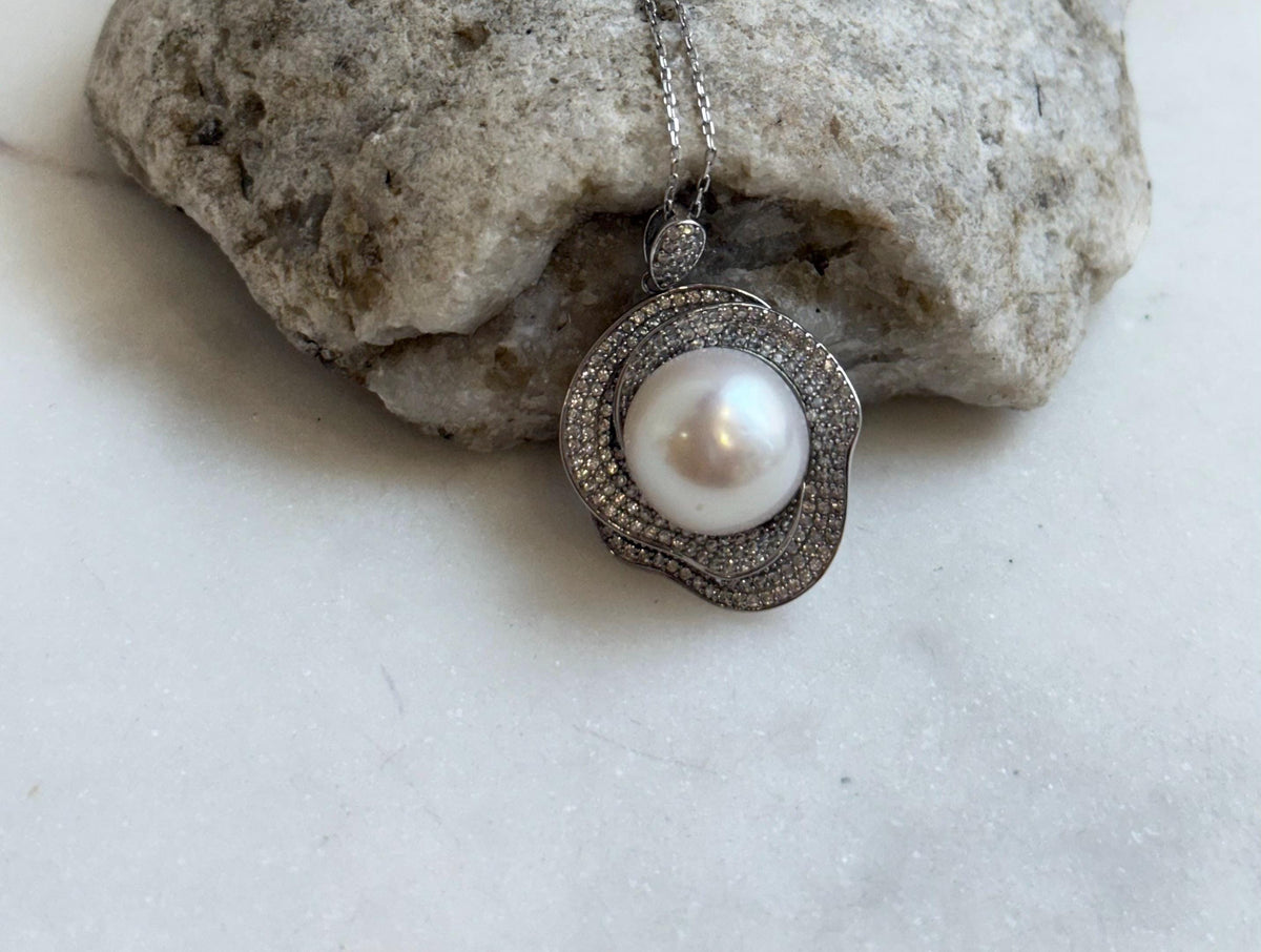 14.1mm white Edison Pearl pendant: Extreme luster mirrored, 2.1cm, S925 silver pendant chain set. Pearl Jewelry Idea. Gift for her.