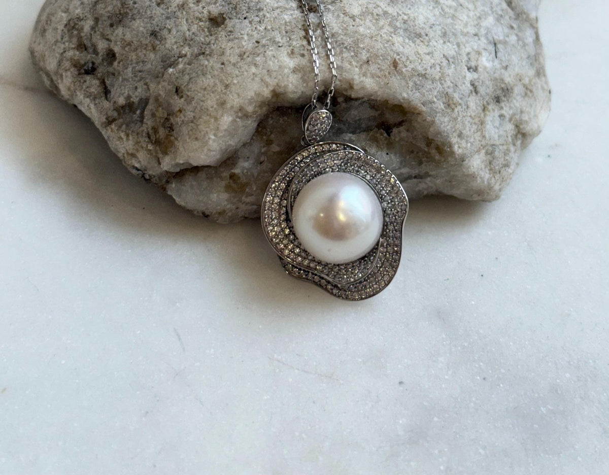 14.1mm white Edison Pearl pendant: Extreme luster mirrored, 2.1cm, S925 silver pendant chain set. Pearl Jewelry Idea. Gift for her anniversary