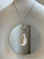 16.2x28mm white baroque pearl butterfly pendant: Extreme luster, s925 silver chain set. Pearl jewelry idea. gift for her