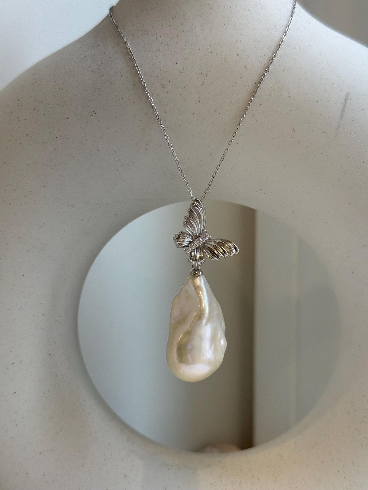16.2x28mm white baroque pearl butterfly pendant: Extreme luster, s925 silver chain set. Pearl jewelry idea. gift for her anniversary