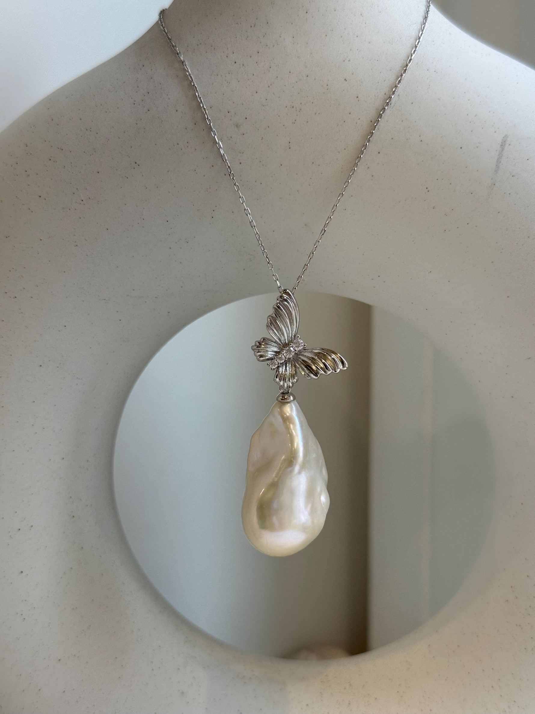 16.2x28mm white baroque pearl butterfly pendant: Extreme luster, s925 silver chain set. Pearl jewelry idea. gift for her anniversary