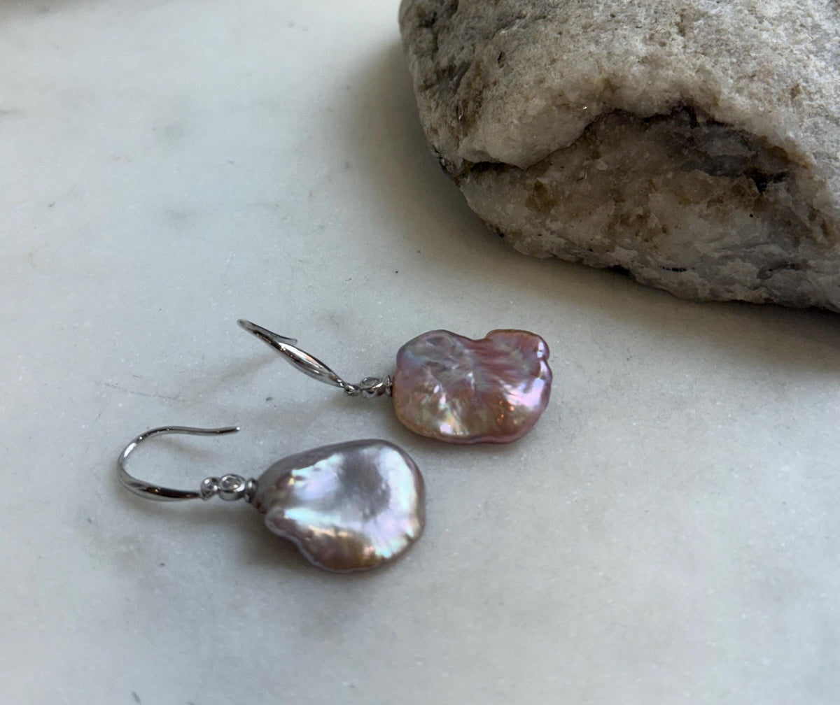 Freshwater Keshi pearls Earrings: Extreme luster mirrored, Rose Mint Iridescent, 15.5-16.3mm, S925 silver earrings hooks.Pearl Jewelry Idea.