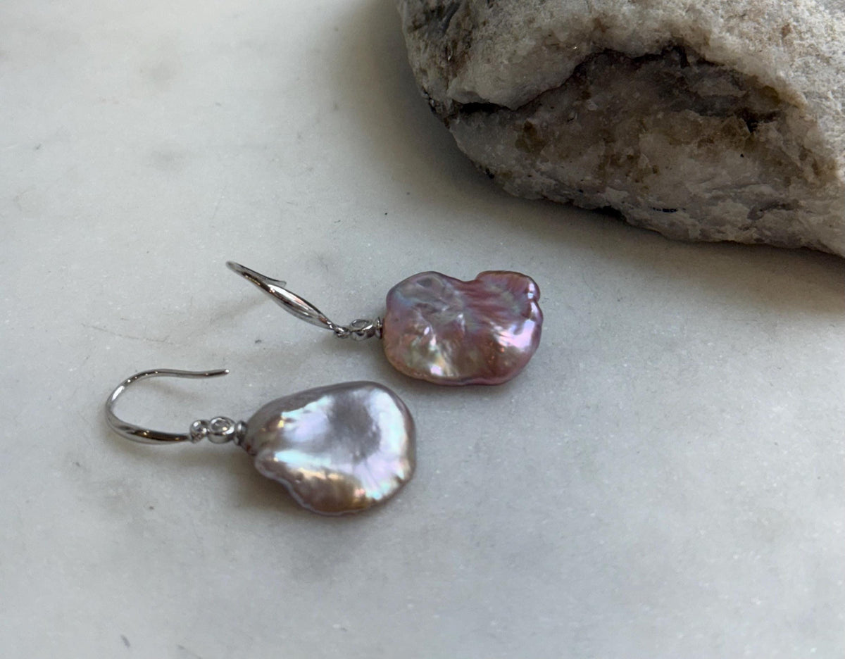 Freshwater Keshi pearls Earrings: Extreme luster mirrored, Rose Mint Iridescent, 15.5-16.3mm, S925 silver earrings hooks.Pearl Jewelry Idea.