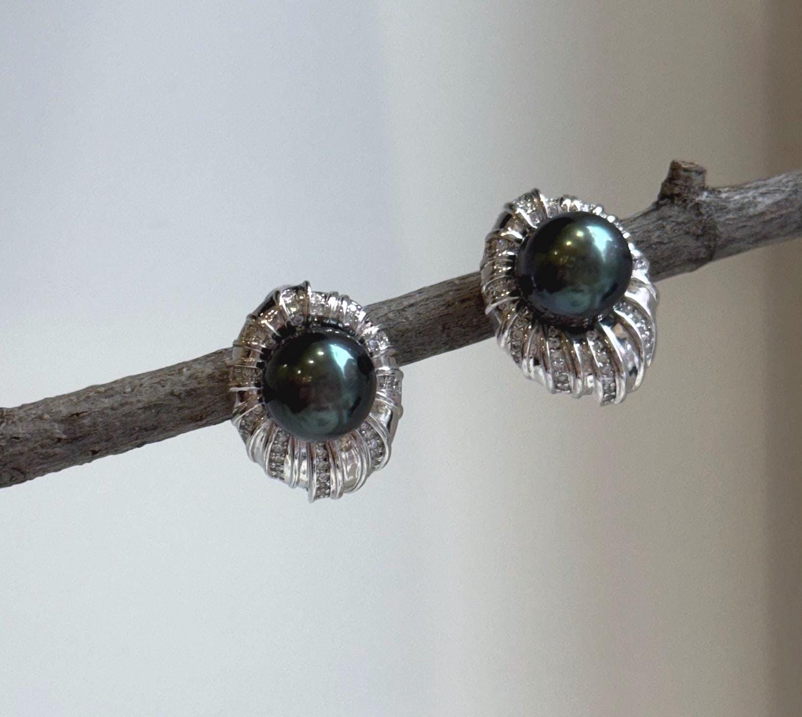 Elly’s 10.4mm Tahitian Peacock green ocean pearls earrings: Extreme luster mirrored, S925 silver fireworks earrings. Pearl jewelry. gift for her