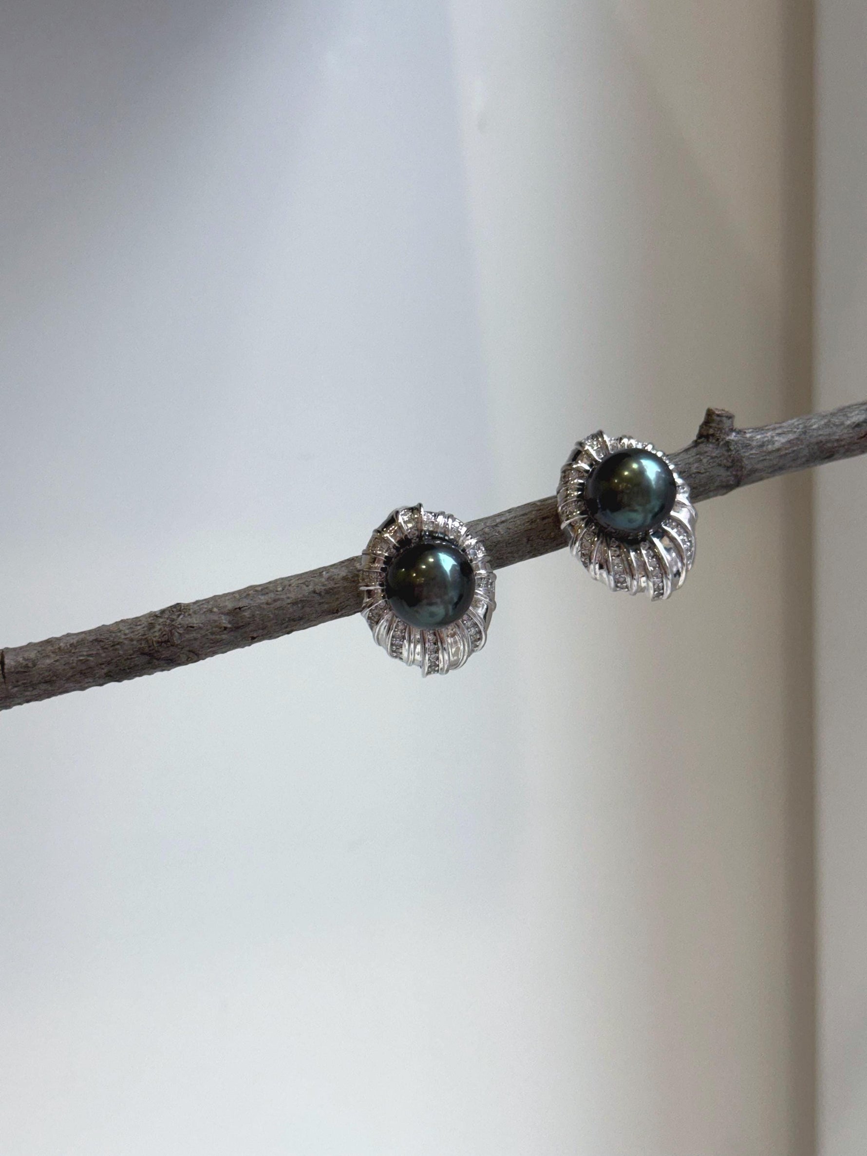Elly’s 10.4mm Tahitian Peacock green ocean pearls earrings: Extreme luster mirrored, S925 silver fireworks earrings. Pearl jewelry. gift for her anniversary