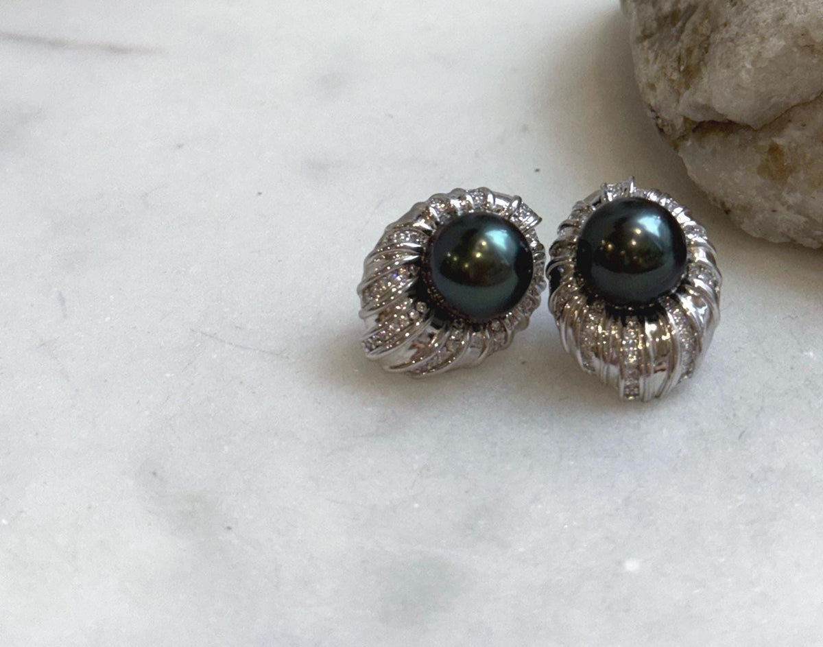 Elly’s 10.4mm Tahitian Peacock green ocean pearls earrings: Extreme luster mirrored, S925 silver fireworks earrings. Pearl jewelry. gift for her office wear