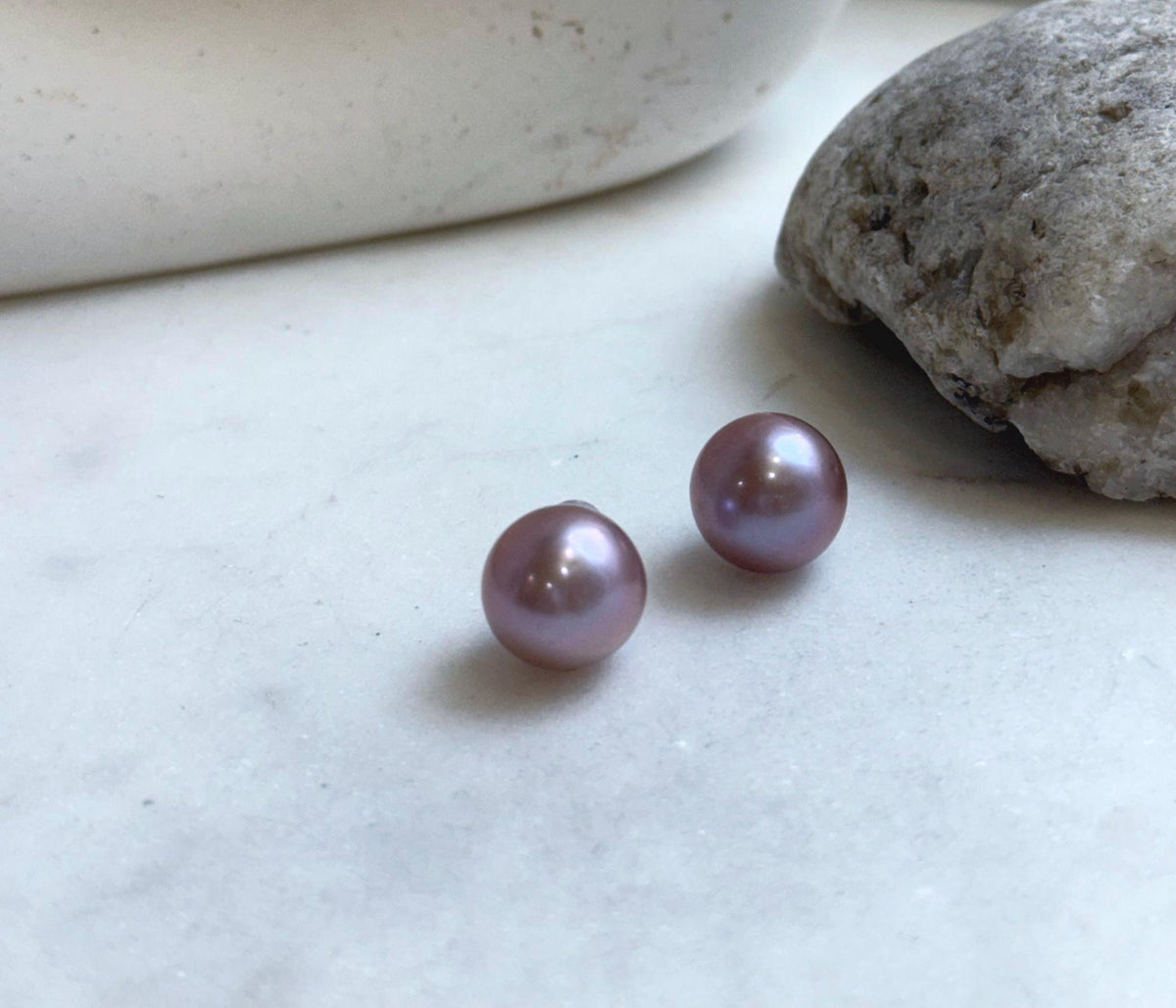 Elly’s 13.1mm Rose Mauve Edison Pearls Earrings Studs: Extreme luster Mirrored, S925 silver earrings studs. Pearl jewelry.