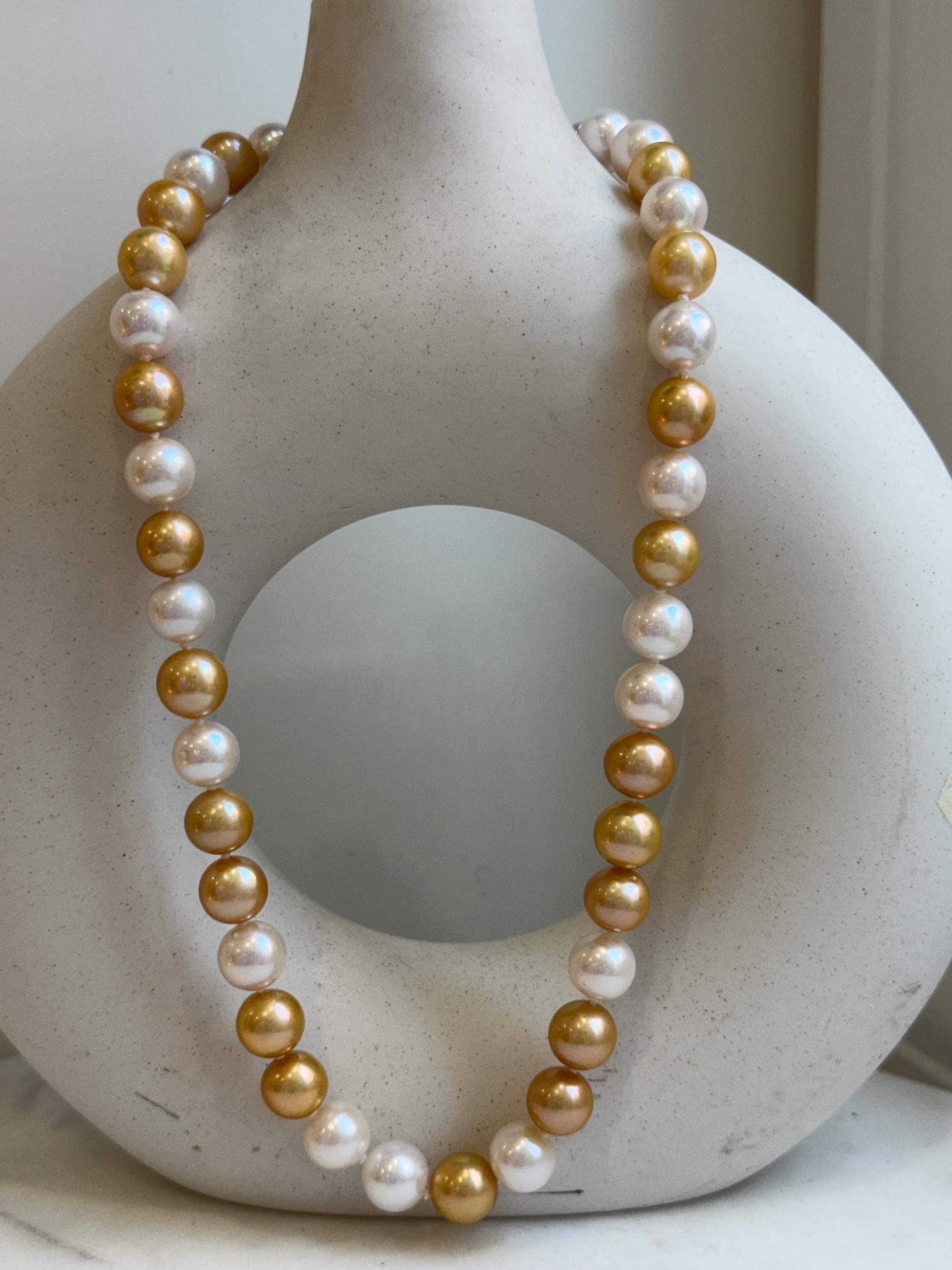 WL Elly’s 38pcs 10-10.9mm White Golden Edison Round Pearls Necklace: Extreme luster mirrored, hand knotted, 18.4” S925 silver necklace.