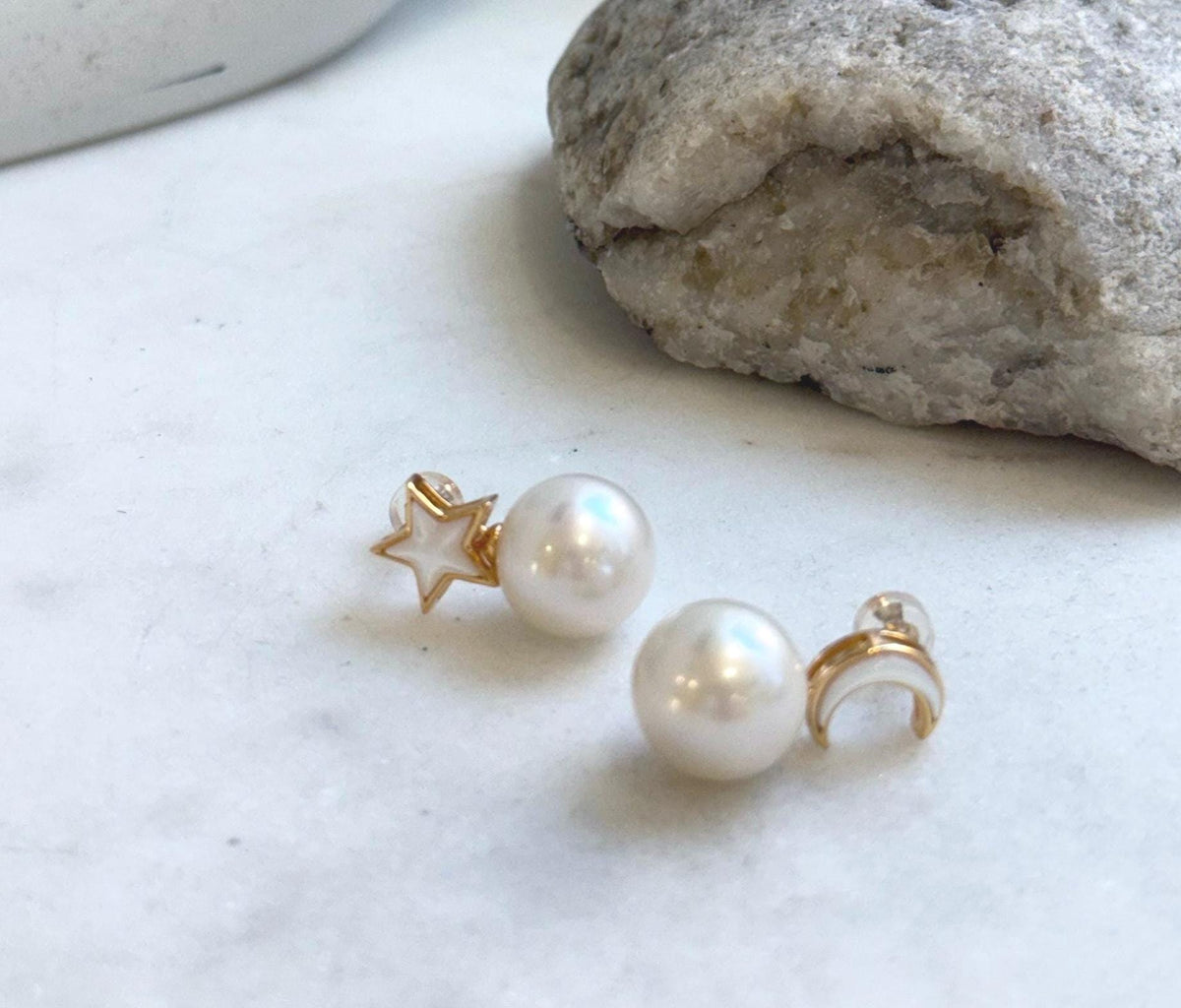 Elly’s 12.2mm Edison white Pearls Star Moon Earrings: Extreme luster Mirrored, 2.2cm high, S925 silver earrings.daily earrings