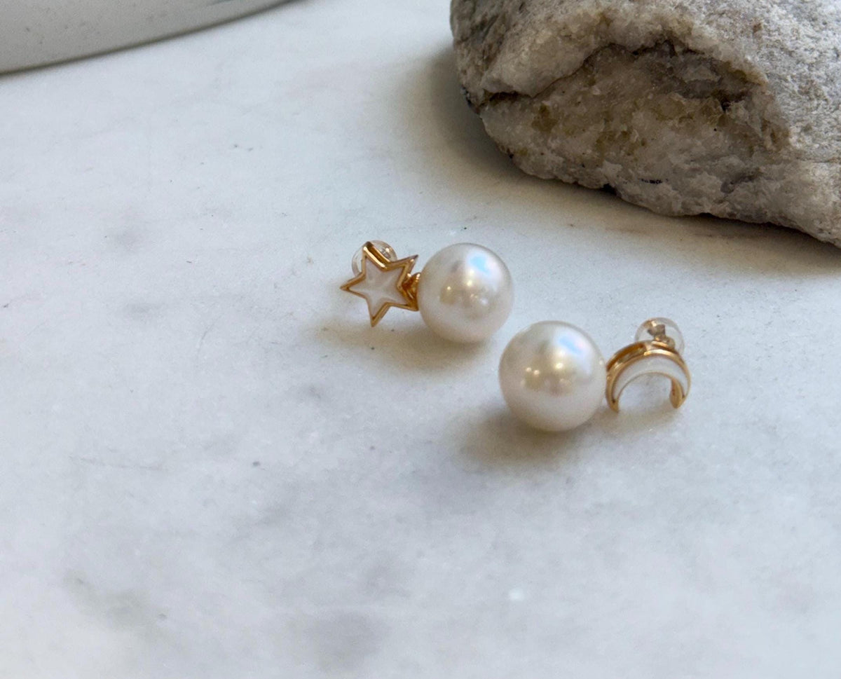 Elly’s 12.2mm Edison white Pearls Star Moon Earrings: Extreme luster Mirrored, 2.2cm high, S925 silver earrings.