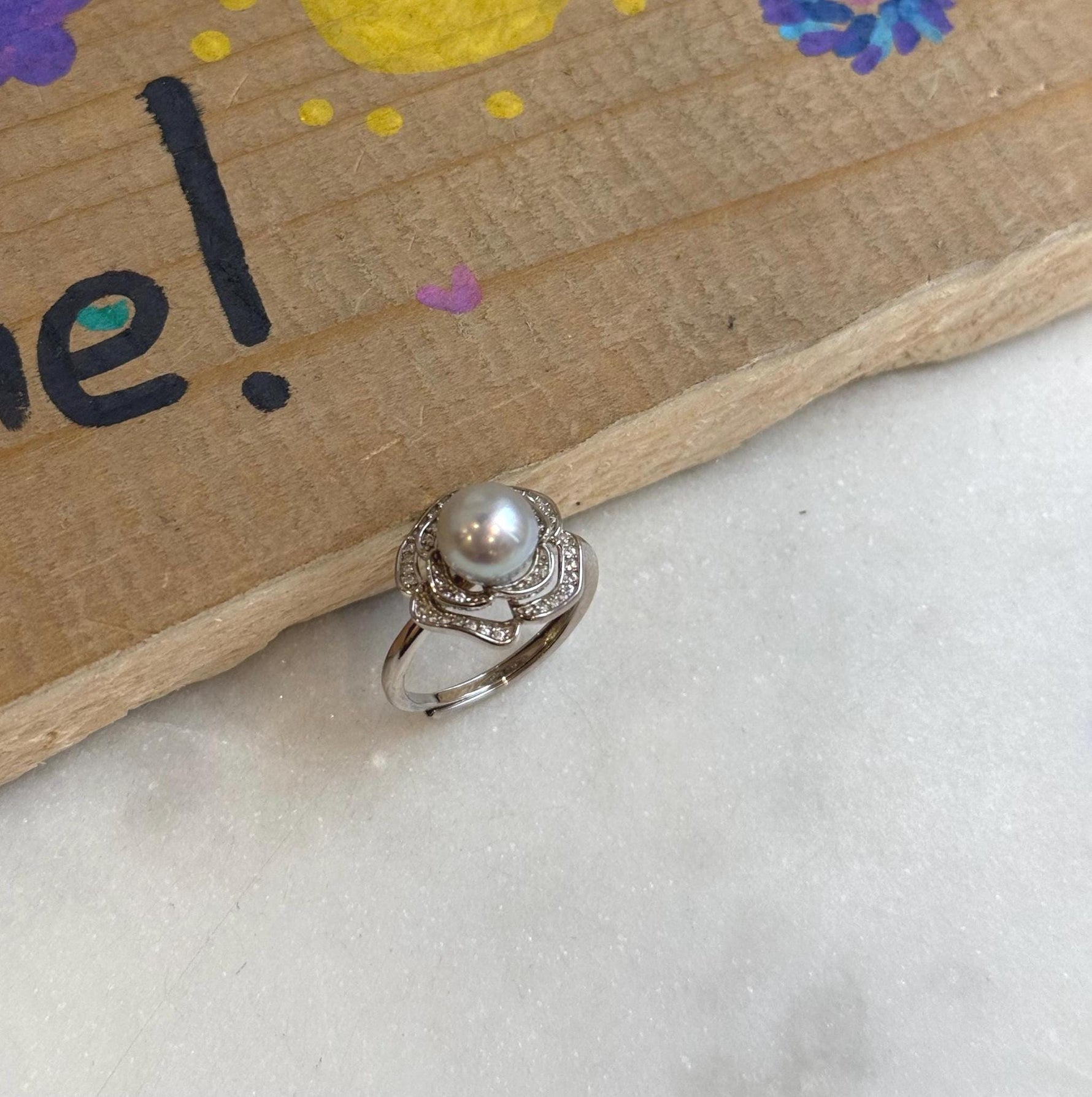 Elly’s 7.8mm Akoya blue silver ocean Pearl Ring: Extreme luster mirrored, 1.4cm dia, S925 Silver Adjustable floral Ring. grey pearl ring