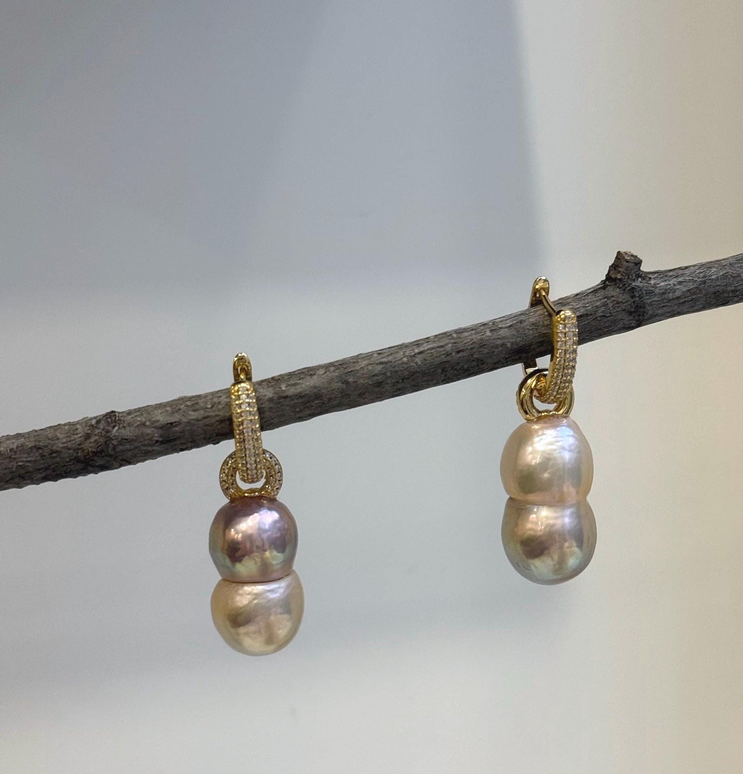 Elly’s Peanut Keshi Pearls Earrings Hoops: Extreme luster, peach green gold iridescent pearls, to 21.8mm,s925 silver earrings hoops