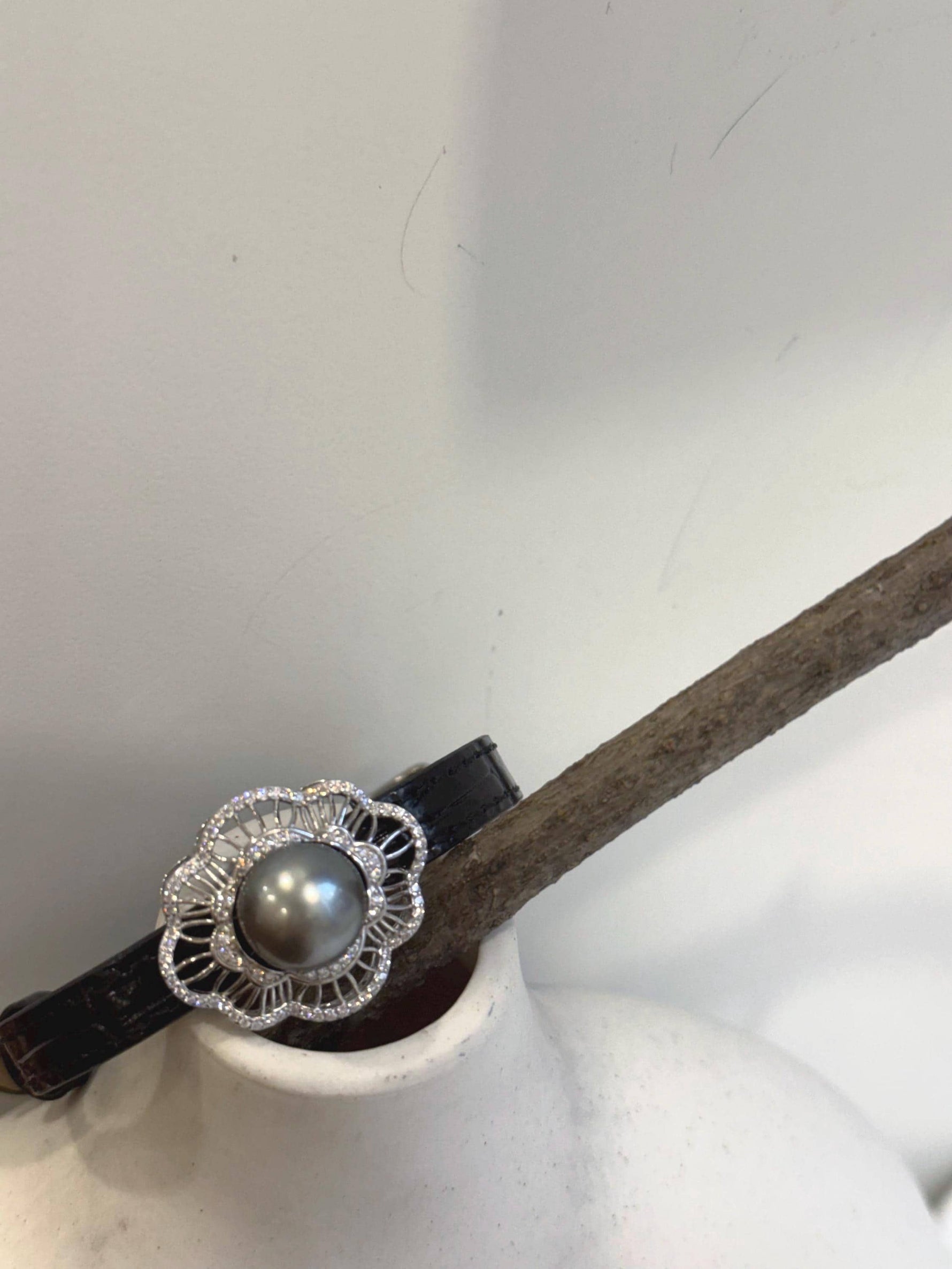 Elly’s 11.3mm Tahitian Platinum Ocean Pearl Genius Leather Strap Bracelet: extreme luster mirrored, for 6.1”- 8” wrist. daily bracelet