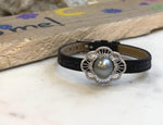 Elly’s 11.3mm Tahitian Platinum Ocean Pearl Genius Leather Strap Bracelet: extreme luster mirrored, for 6.1”- 8” wrist.