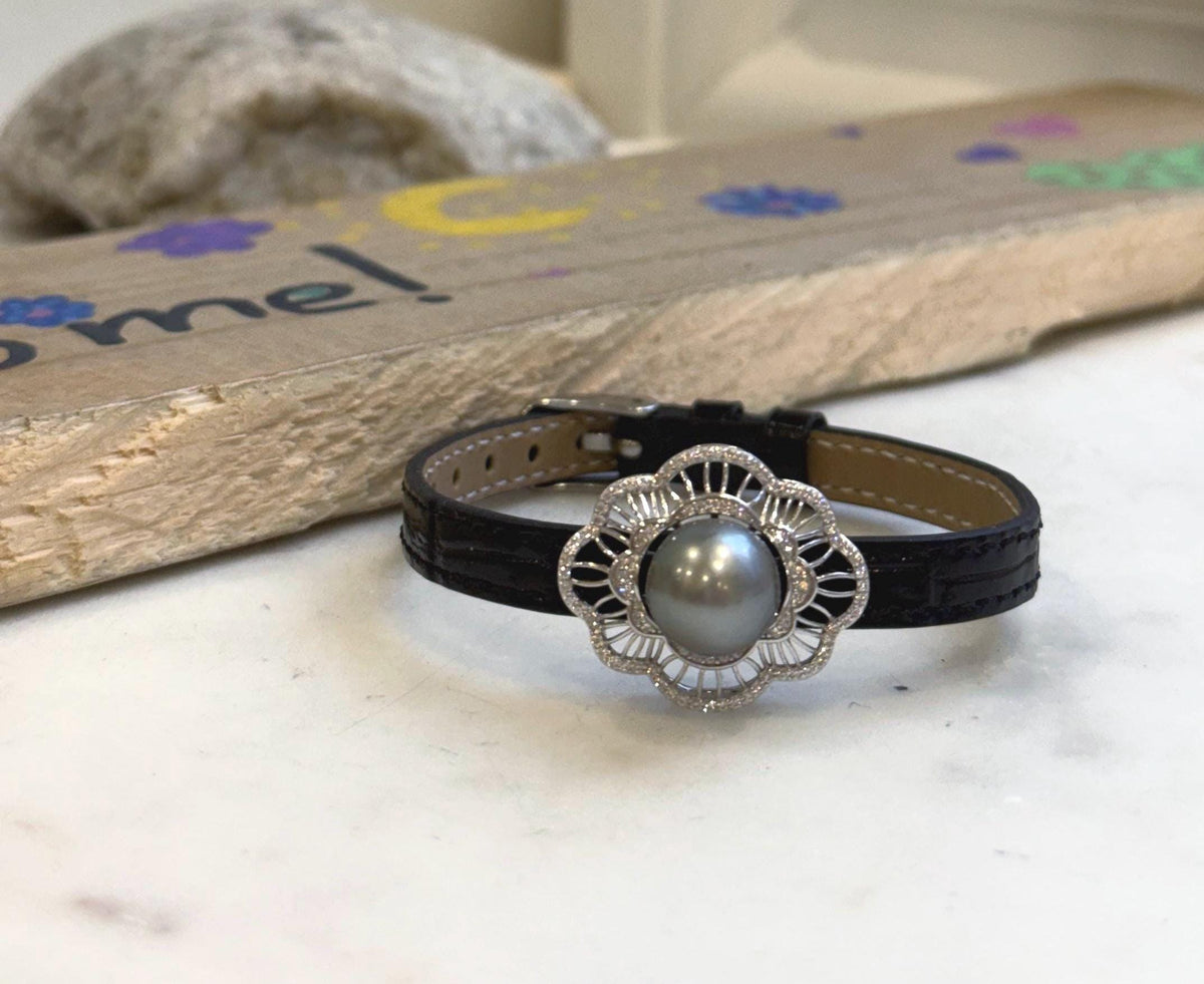 Elly’s 11.3mm Tahitian Platinum Ocean Pearl Genius Leather Strap Bracelet: extreme luster mirrored, for 6.1”- 8” wrist.
