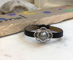 Elly’s 11.3mm Tahitian Platinum Ocean Pearl Genius Leather Strap Bracelet: extreme luster mirrored, for 6.1”- 8” wrist.