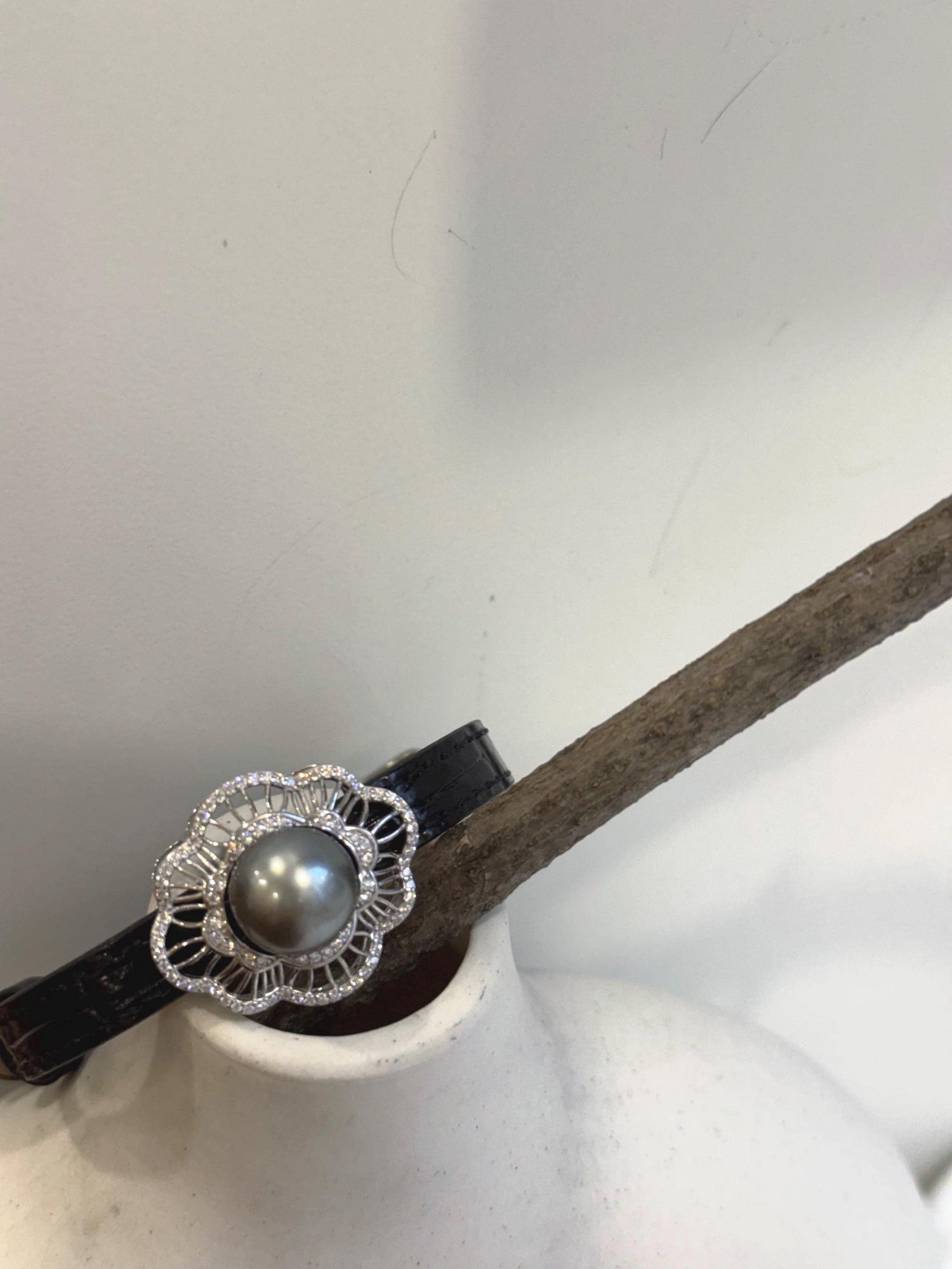 Elly’s 11.3mm Tahitian Platinum Ocean Pearl Genius Leather Strap Bracelet: extreme luster mirrored, for 6.1”- 8” wrist.