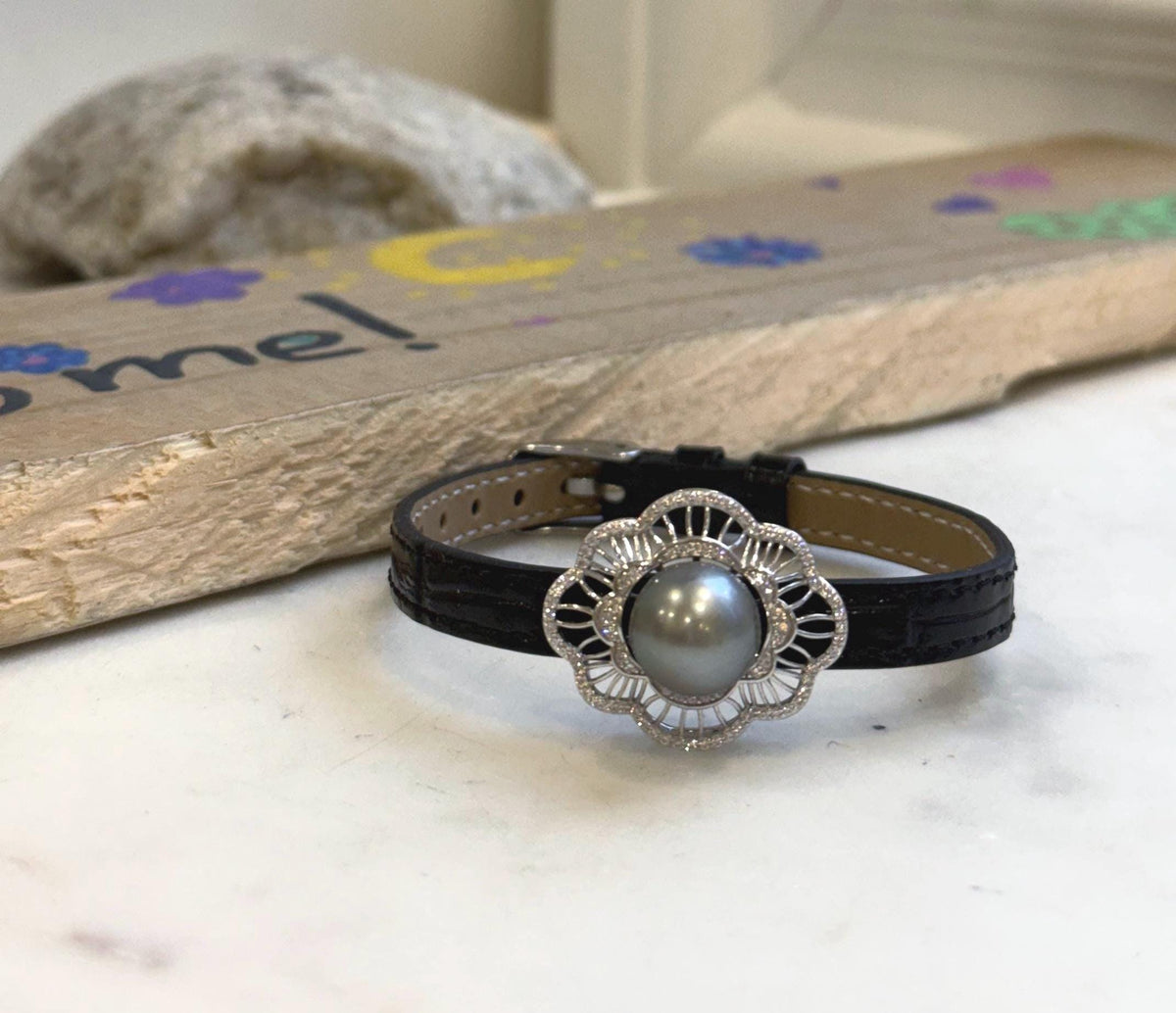 Elly’s 11.3mm Tahitian Platinum Ocean Pearl Genius Leather Strap Bracelet: extreme luster mirrored, for 6.1”- 8” wrist.