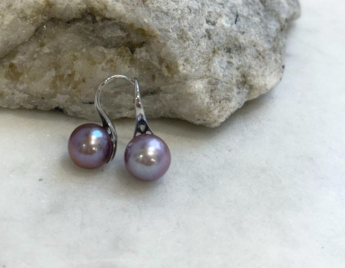 9.3mm Freshwater Edison pearls S925 silver High heel Earrings: Extreme luster mirrored, Metallic purple lavender.Pearl Jewelry Idea.