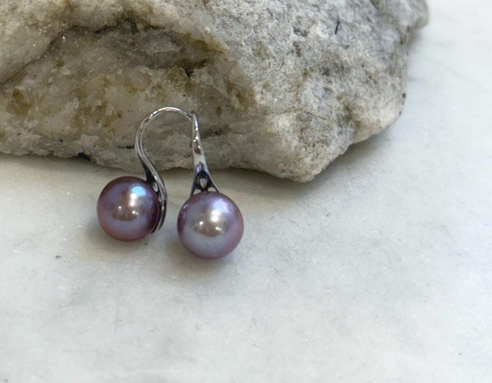 9.3mm Freshwater Edison pearls S925 silver High heel Earrings: Extreme luster mirrored, Metallic purple lavender.Pearl Jewelry Idea.