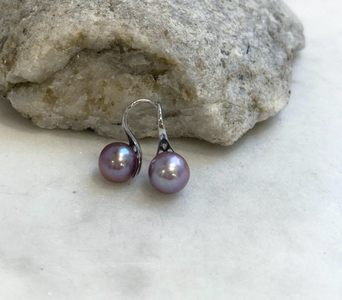 9.3mm Freshwater Edison pearls S925 silver High heel Earrings: Extreme luster mirrored, Metallic purple lavender.Pearl Jewelry Idea.