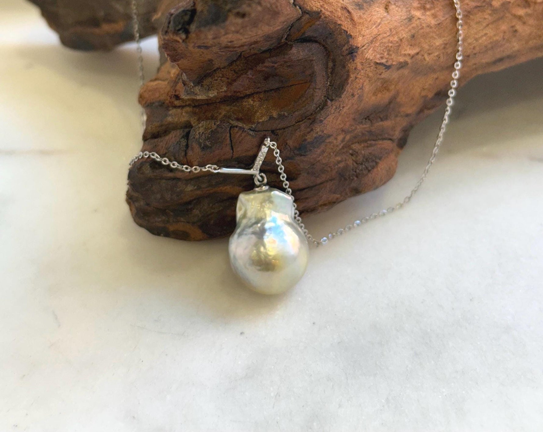 South sea golden baroque Pearl pendant: Extreme luster mirrored, silver golden pearl, 14.7x19.5mm, S925 silver cool pendant chain set. Gift for her