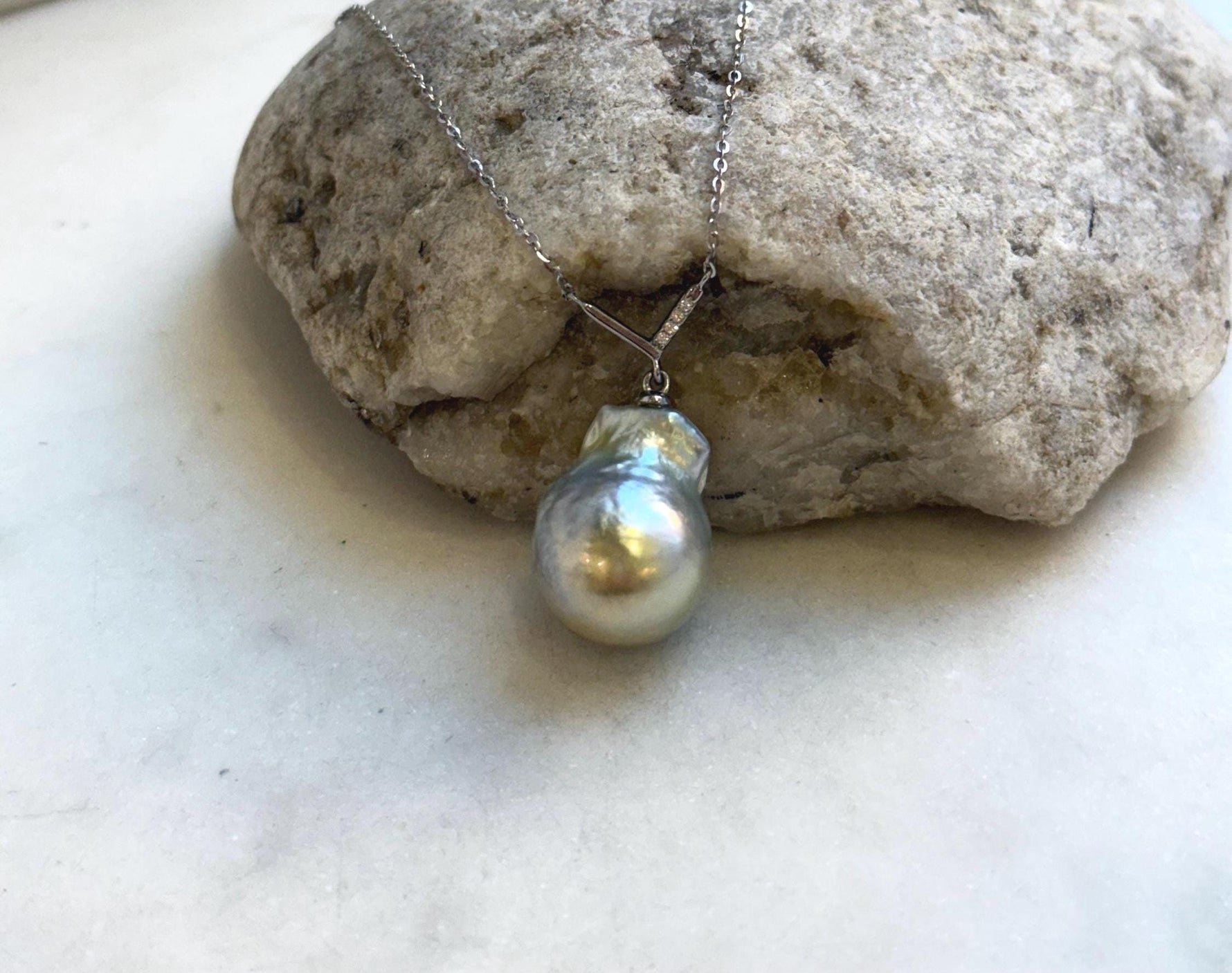 South sea golden baroque Pearl pendant: Extreme luster mirrored, silver golden pearl, 14.7x19.5mm, S925 silver cool pendant chain set. gift for her birthday