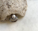 8.6mm Akoya blue silver ocean pearl Vintage ring: Extreme luster mirrored, S925 silver adjustable ring. Pearl Jewelry Idea. office pearl ring
