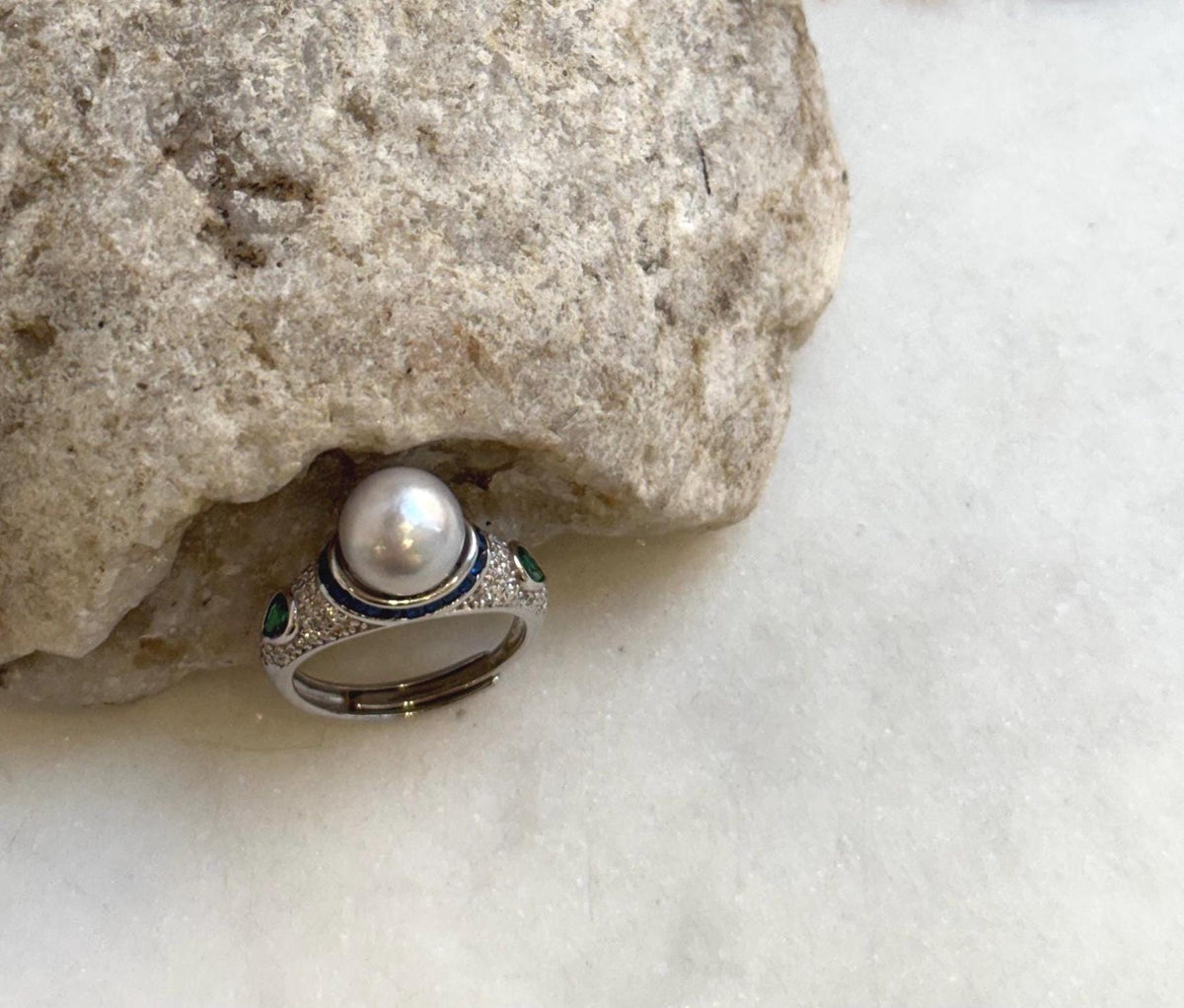 8.6mm Akoya blue silver ocean pearl Vintage ring: Extreme luster mirrored, S925 silver adjustable ring. Pearl Jewelry Idea.