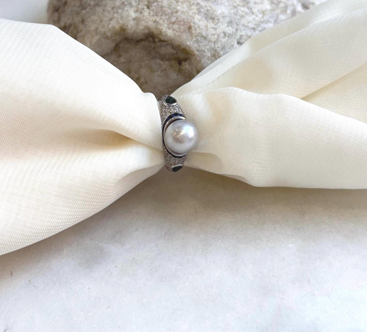 8.6mm Akoya blue silver ocean pearl Vintage ring: Extreme luster mirrored, S925 silver adjustable ring. Pearl Jewelry Idea.