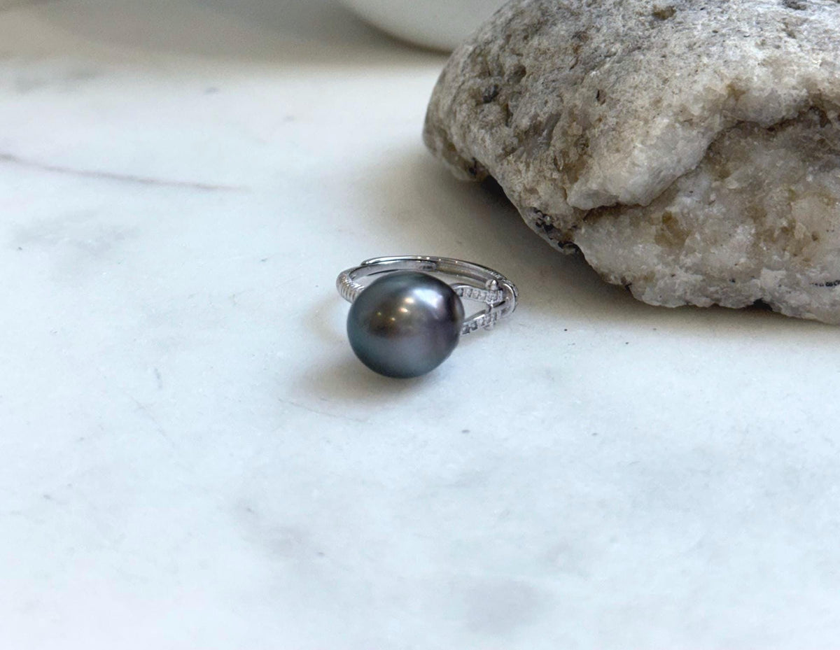 11.1x12.5mm Tahitian Ocean Platinum Pearl Ring: Extreme luster mirrored, S925 silver Minimalist adjustable Ring.Pearl Jewelry Idea, platinum pearl ring