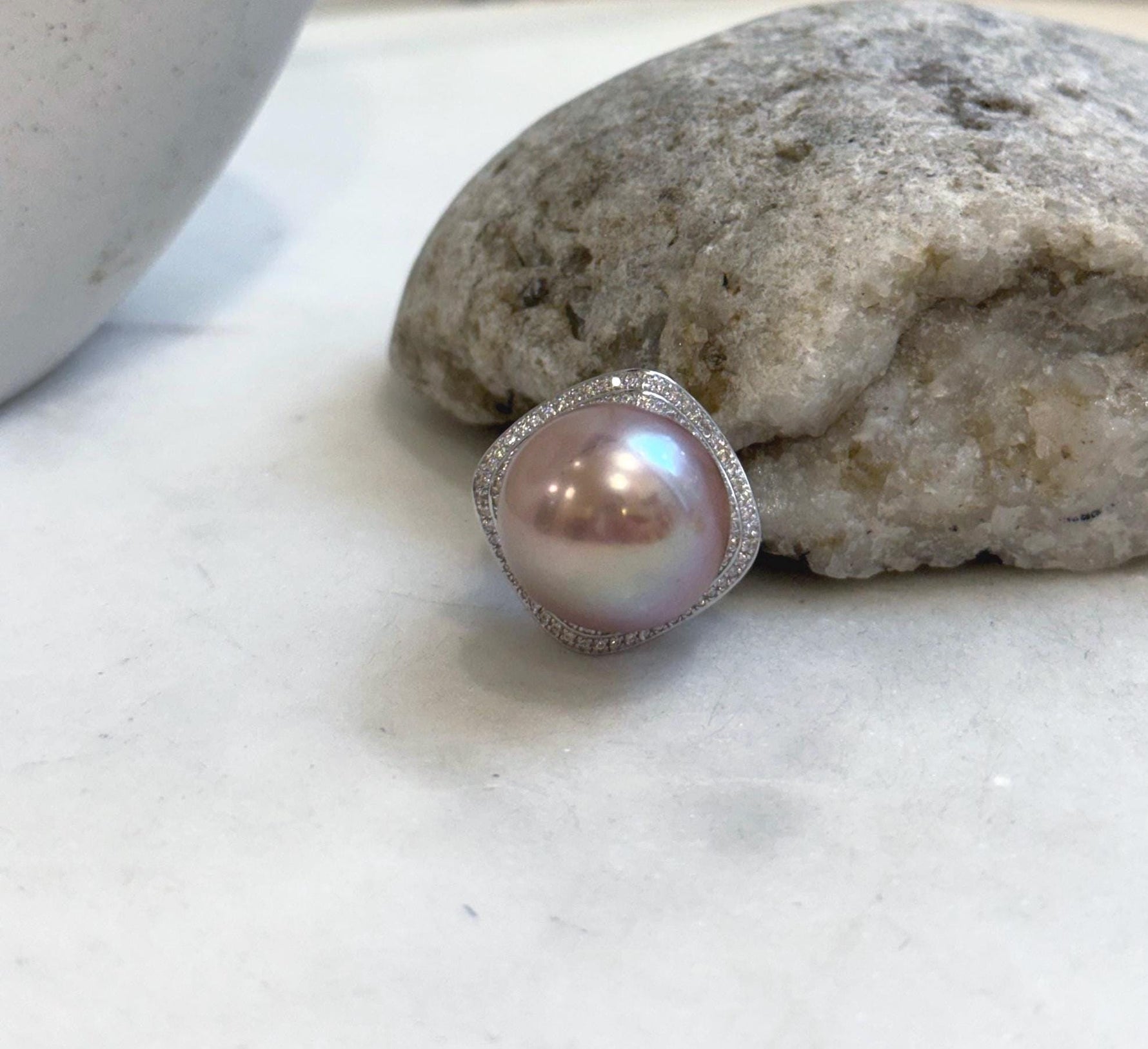 Elly’s 16.6mm Huge Rose Edison pearl ring: Extreme luster mirrored, 1.9cm dia. S925 silver adjustable ring. gift for her birthday