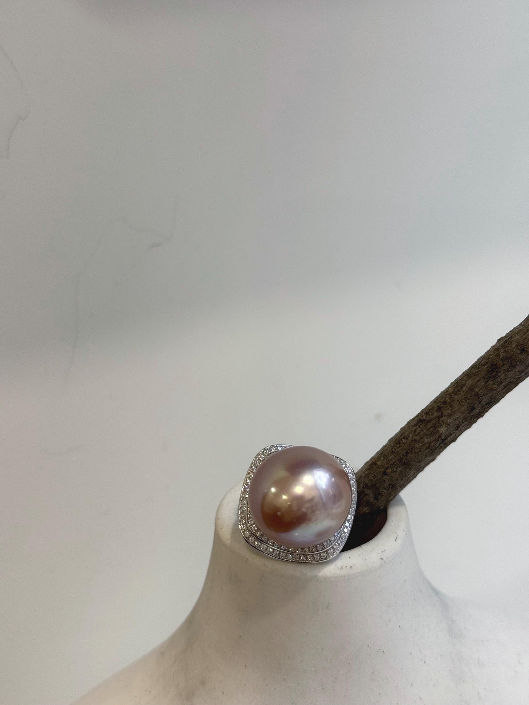 Elly’s 16.6mm Huge Rose Edison pearl ring: Extreme luster mirrored, 1.9cm dia. S925 silver adjustable ring. gift for her anniversary